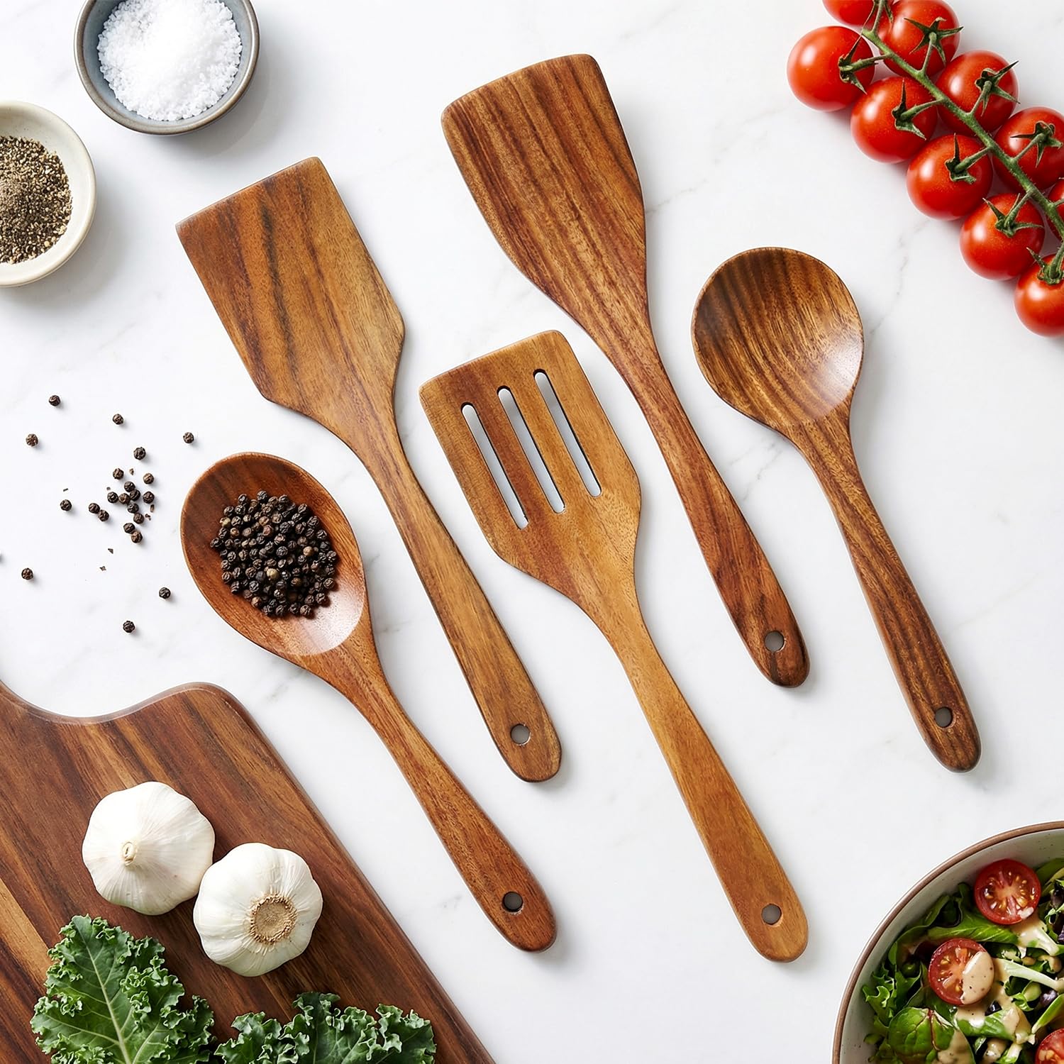 5 Pcs Best Wooden Spoons for Cooking Kitchen Utensils Set Non Stick Spoon Acacia Wood Utensil Cooking Spatula Turner Slotted Spoon Flat Wooden Spatula Set Mixing Cooking Spoons Kitchen Utensils