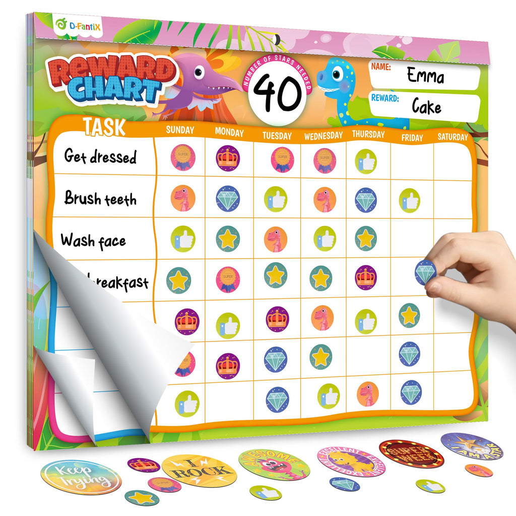 D-FantiX Behavior Reward Chart System - Pad with 27 Chore Chart for Multiple Kids, Reward Sticker Charts to Motivate Responsibility and Good Behavior, 2280 Reward Stickers & 48 Incentive Stickers