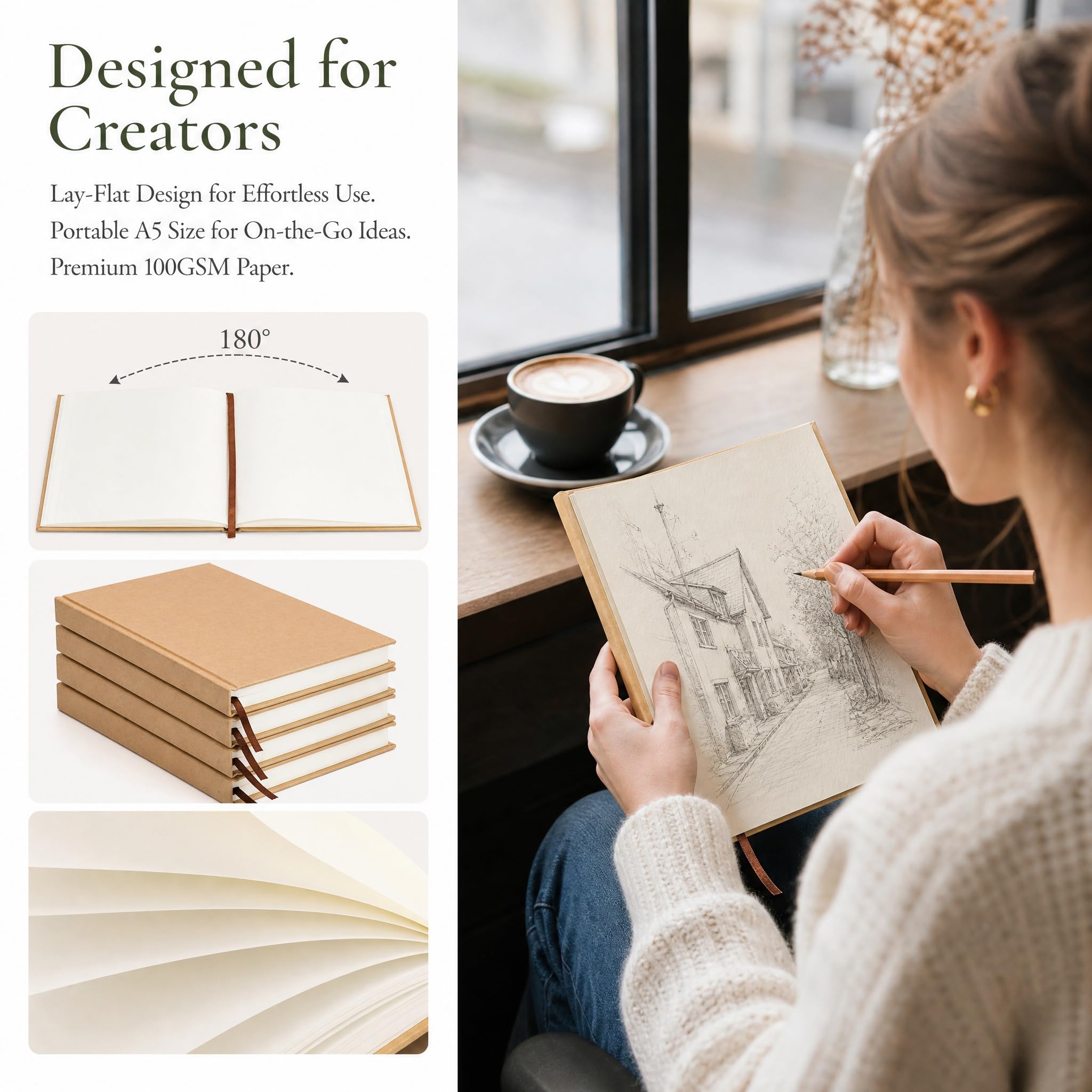 ZEAYEA 4 Pack A5 Blank Notebook Journal, 6 x 8.5 Inch Hardcover Notebook, 120 Sheets/ 240 Pages Per Book, 100gsm Thick Paper, Kraft Unlined Sketch Book for Student, Office, School and Journal Refills