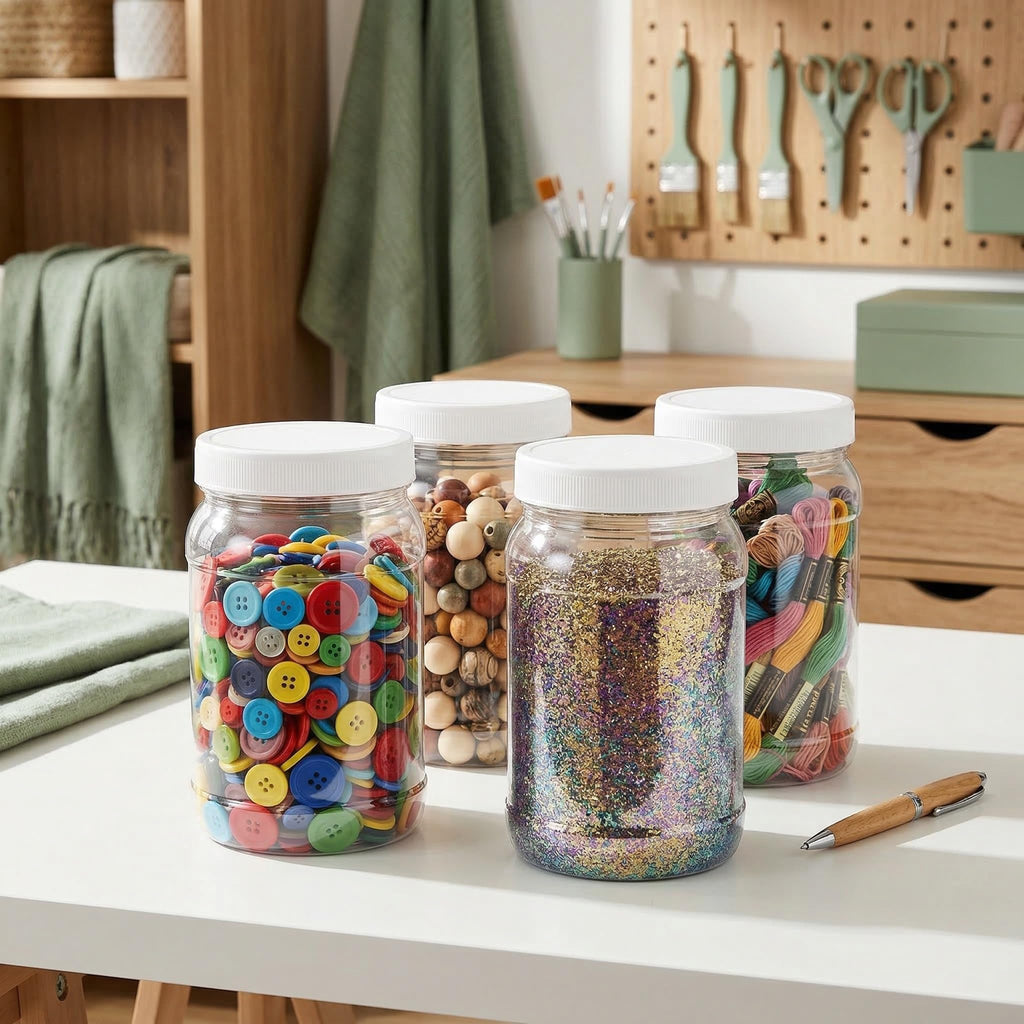Fasmov 9 Pack 32 Oz Plastic Jars with Lids, Wide Mouth Clear Empty Plastic Storage Containers for Crafts, Dry Food, Peanut Butter, Honey and Jam Storage