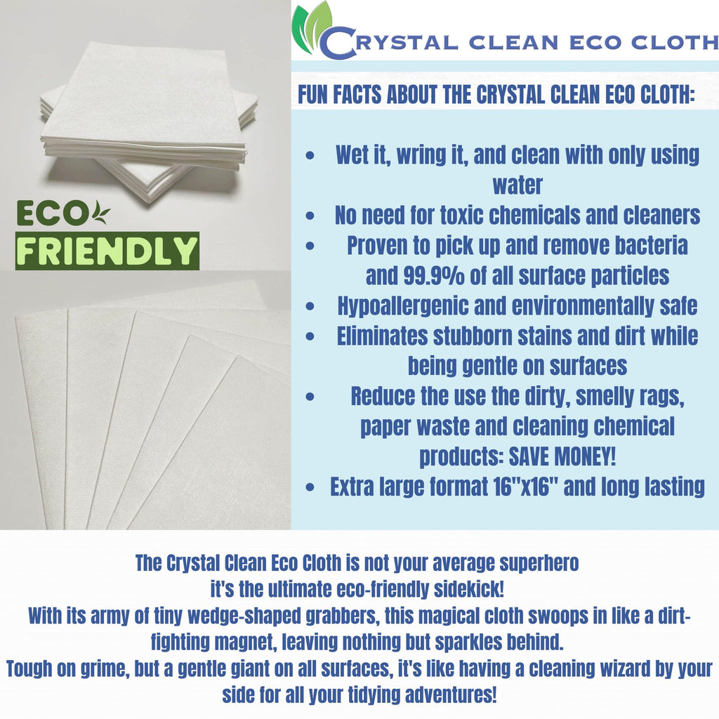 Crystal Clean Eco-Cloth Amazing Lint-Free/Streak-Free/Chemical-Free Microfiber Cloth for Windows & Glass/Mirrors Stainless Steel Appliances TV/Computer/Tablets...5 in a Pack, White, 16''x16''