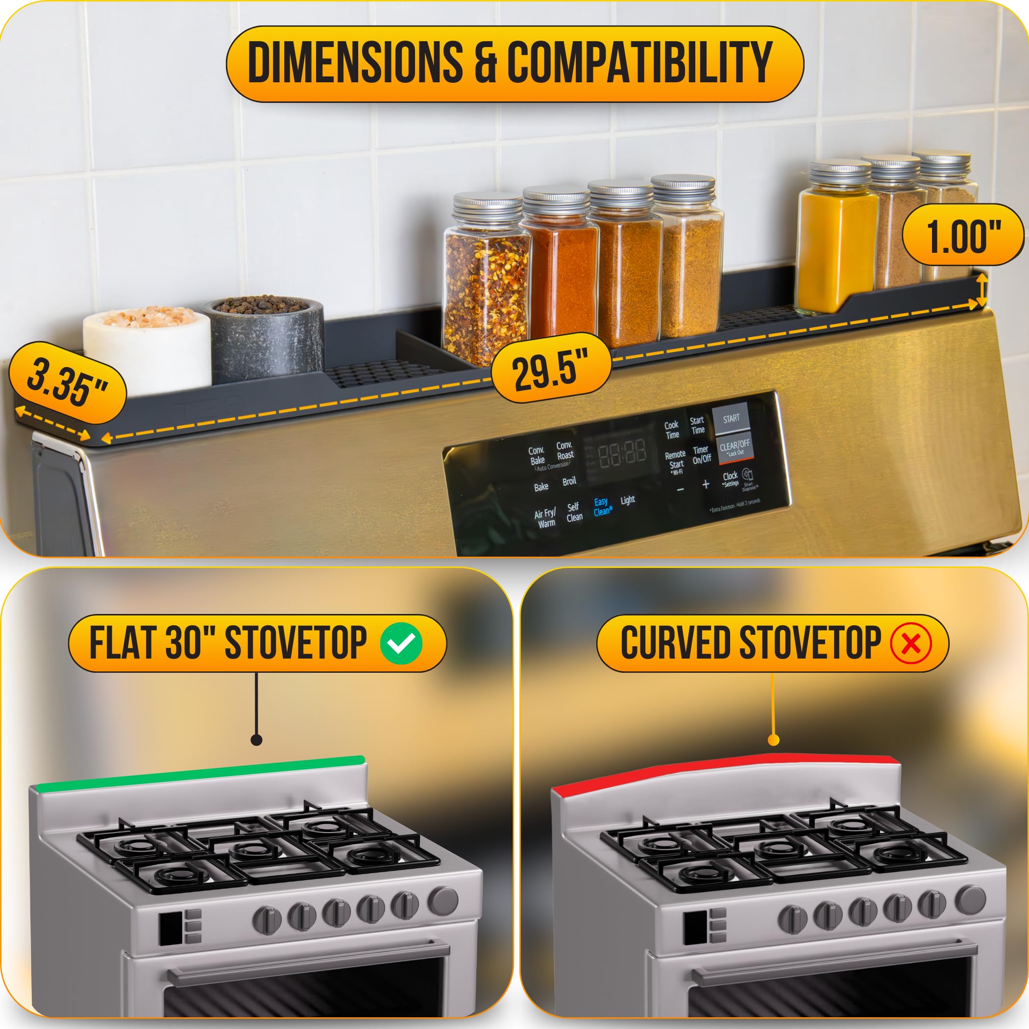TEO Magnetic Stove Top Shelf - 30 Inch Silicone Over the Stove Spice Rack for Kitchen Gadgets Storage Organization, Heat-Resistant, No Installation, Dishwasher Safe, Over Oven Shelf Black