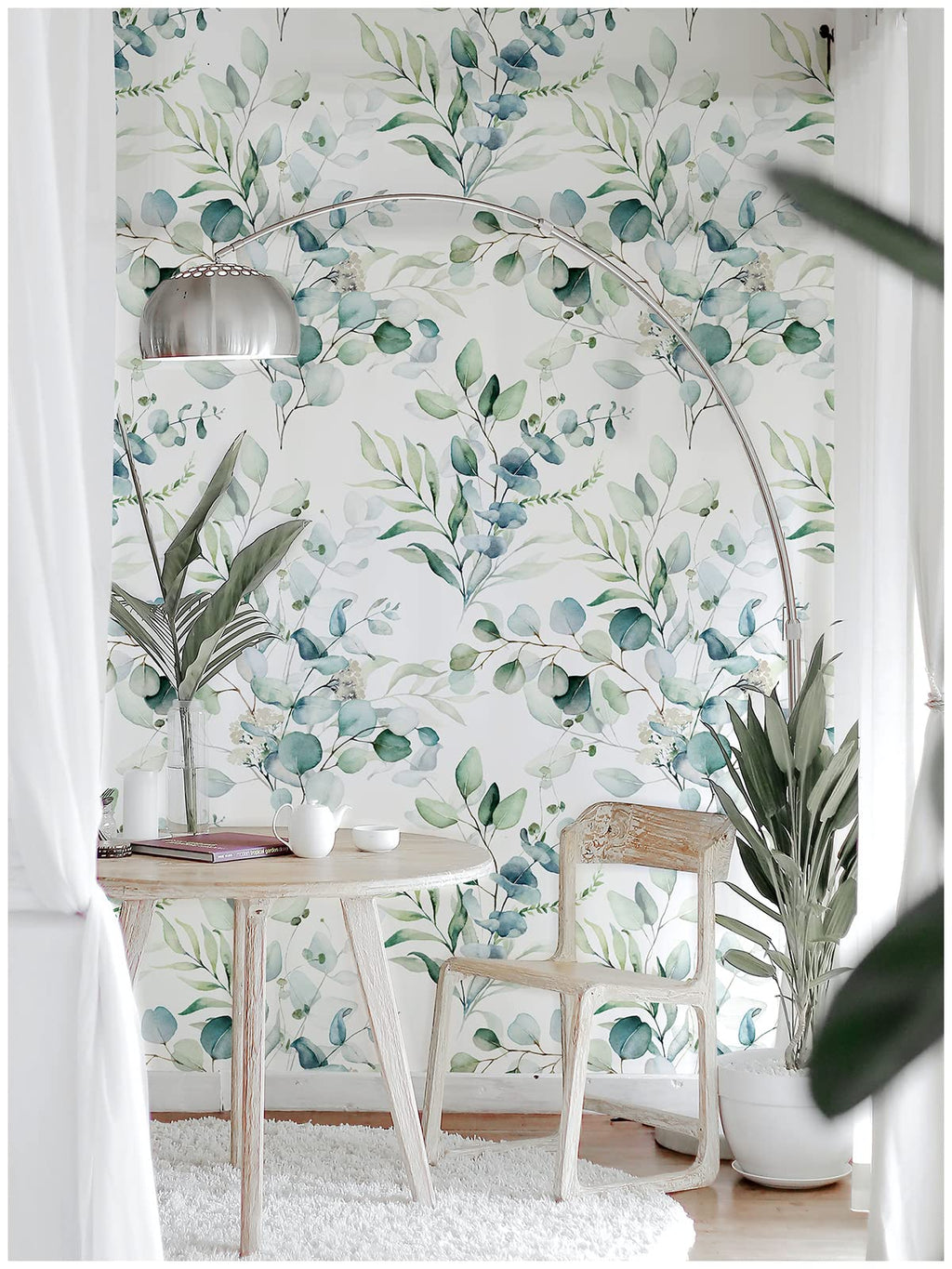 HaokHome Peel and Stick Wallpaper Green/White Eucalyptus Leaf Wall Mural Home Nursery Decor 44.5cm x 3m