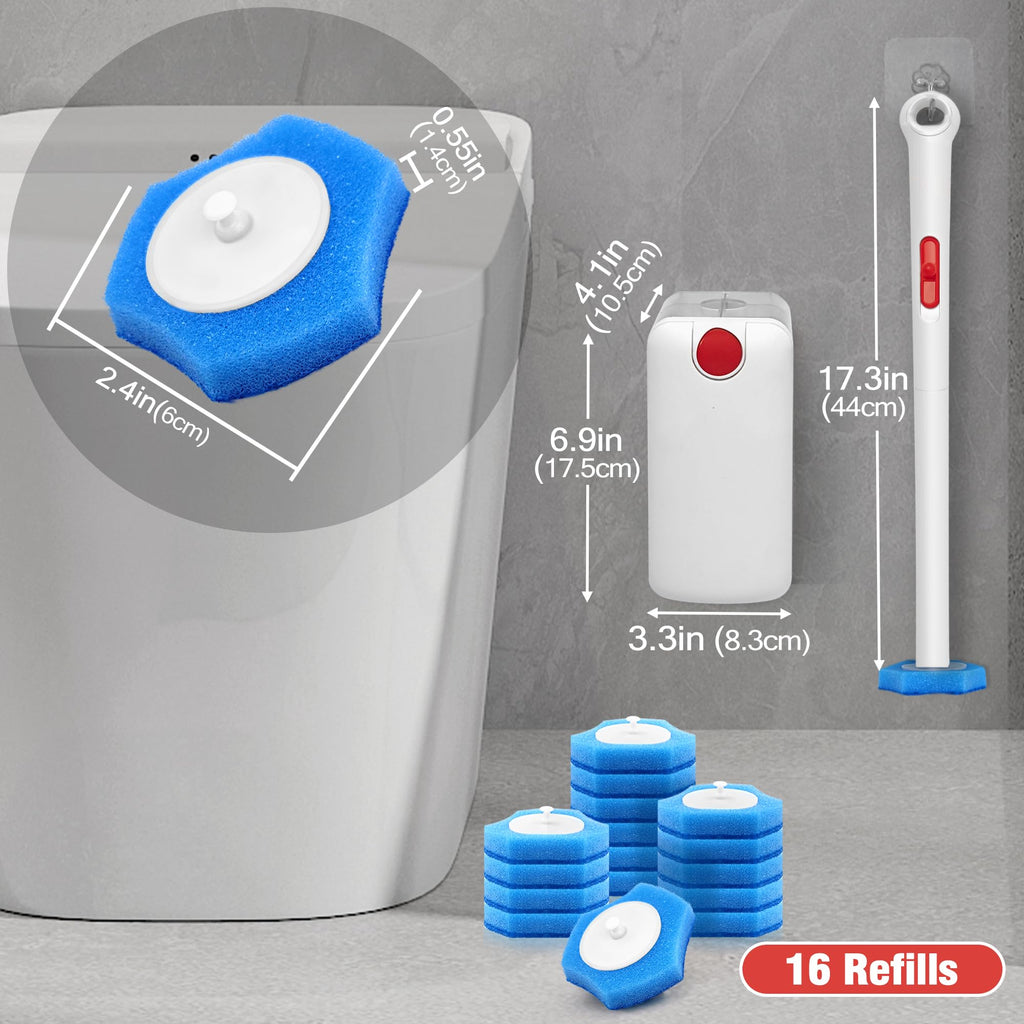 JEHONN Disposable Toilet Bowl Cleaner Brush with Upgraded Clamping System, Wall Mounted Bathroom Scrubber Wand and Holder Set for Bathtub Sink Wash Basin, 16 Refills
