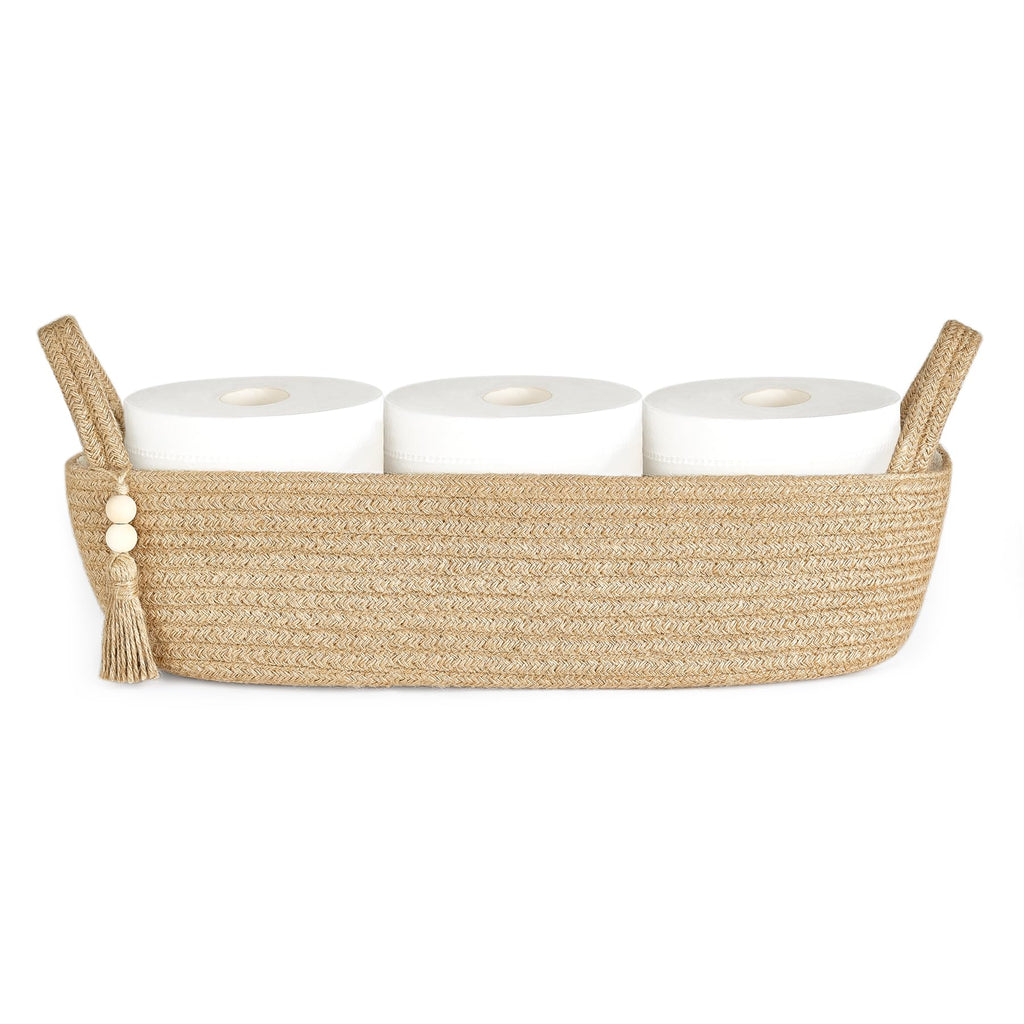 Mkono Small Storage Basket for Toilet Tank Top Boho Bathroom Decor Woven Rope Toilet Paper Tray Back of Toilet Organizer for Shelf Bedroom Living Room, Jute, 1 Pack, 15.7" L x 6" W