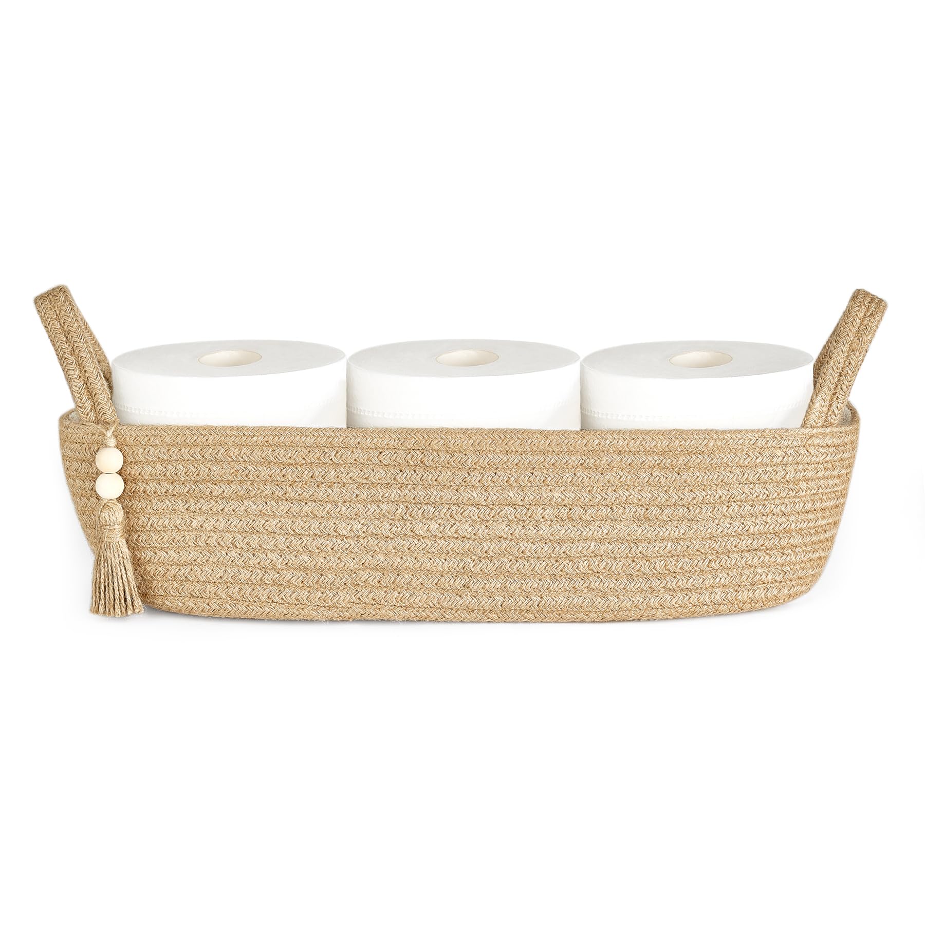 Mkono Small Storage Basket for Toilet Tank Top Boho Bathroom Decor Woven Rope Toilet Paper Tray Back of Toilet Organizer for Shelf Bedroom Living Room, Jute, 1 Pack, 15.7" L x 6" W