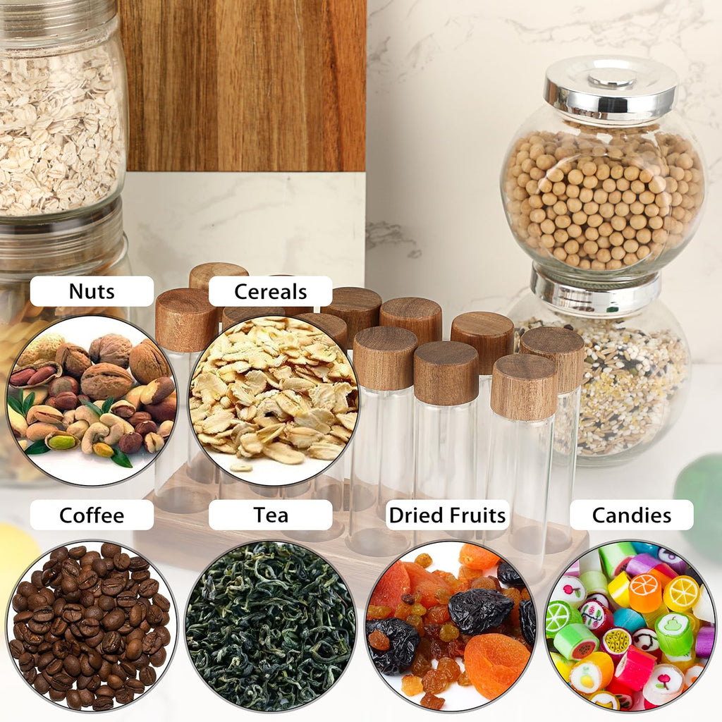 JuxYes Single Dose Coffee Bean Storage Tubes, 12pcs Coffee Bean Cellars with Lid, 2 oz Glass Espresso Bean Container with Wooden Holder Stand, Sealed Dosing Glass Vials for Tea, Candies, Spices