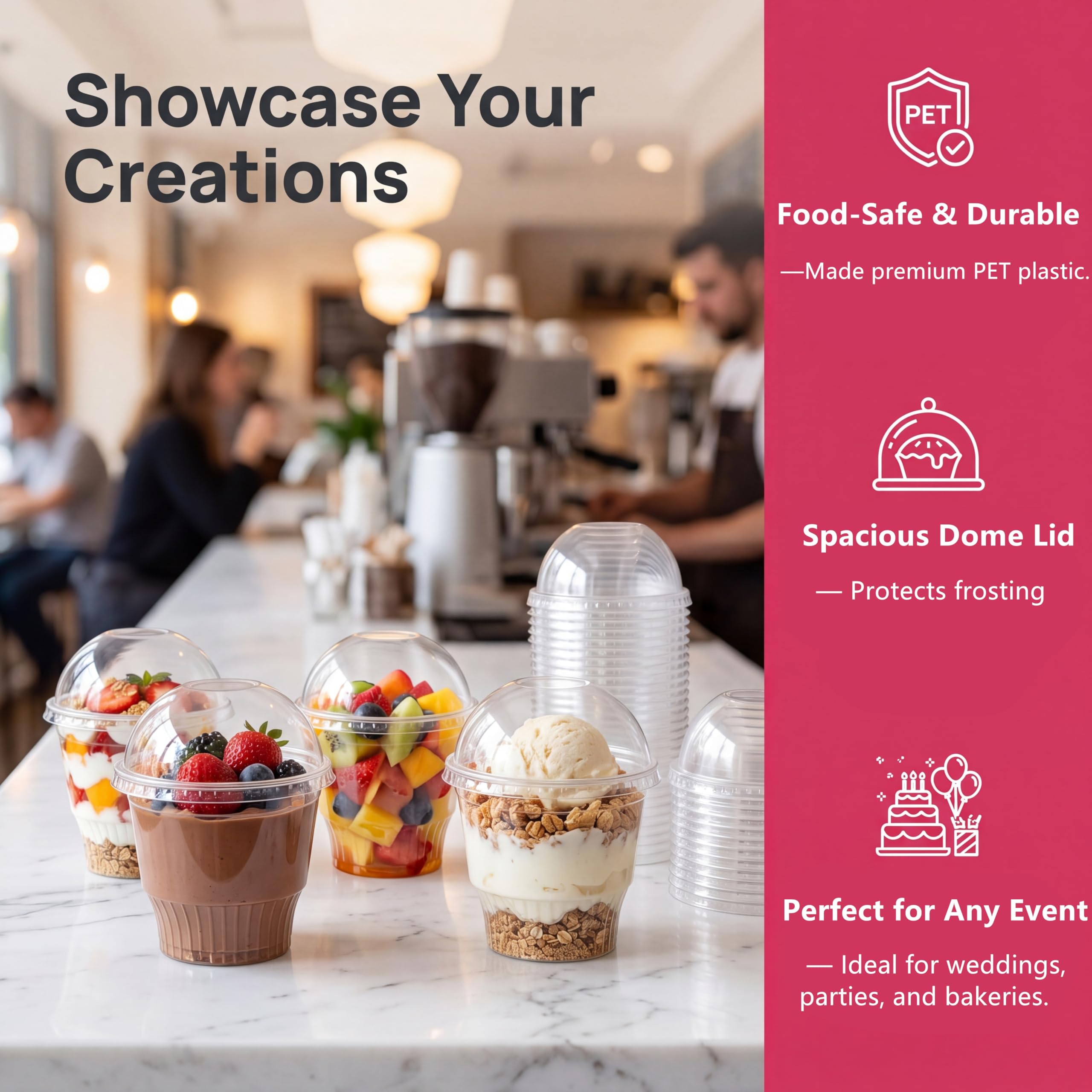 Lyellfe 100 Pack Dessert Cups with Dome Lids, 12 Oz Clear Plastic Cups, BPA Free Reusable Parfait Ice Cream Snack Cups for Pudding, Fruit, Cupcake, Iced Cold Drinks