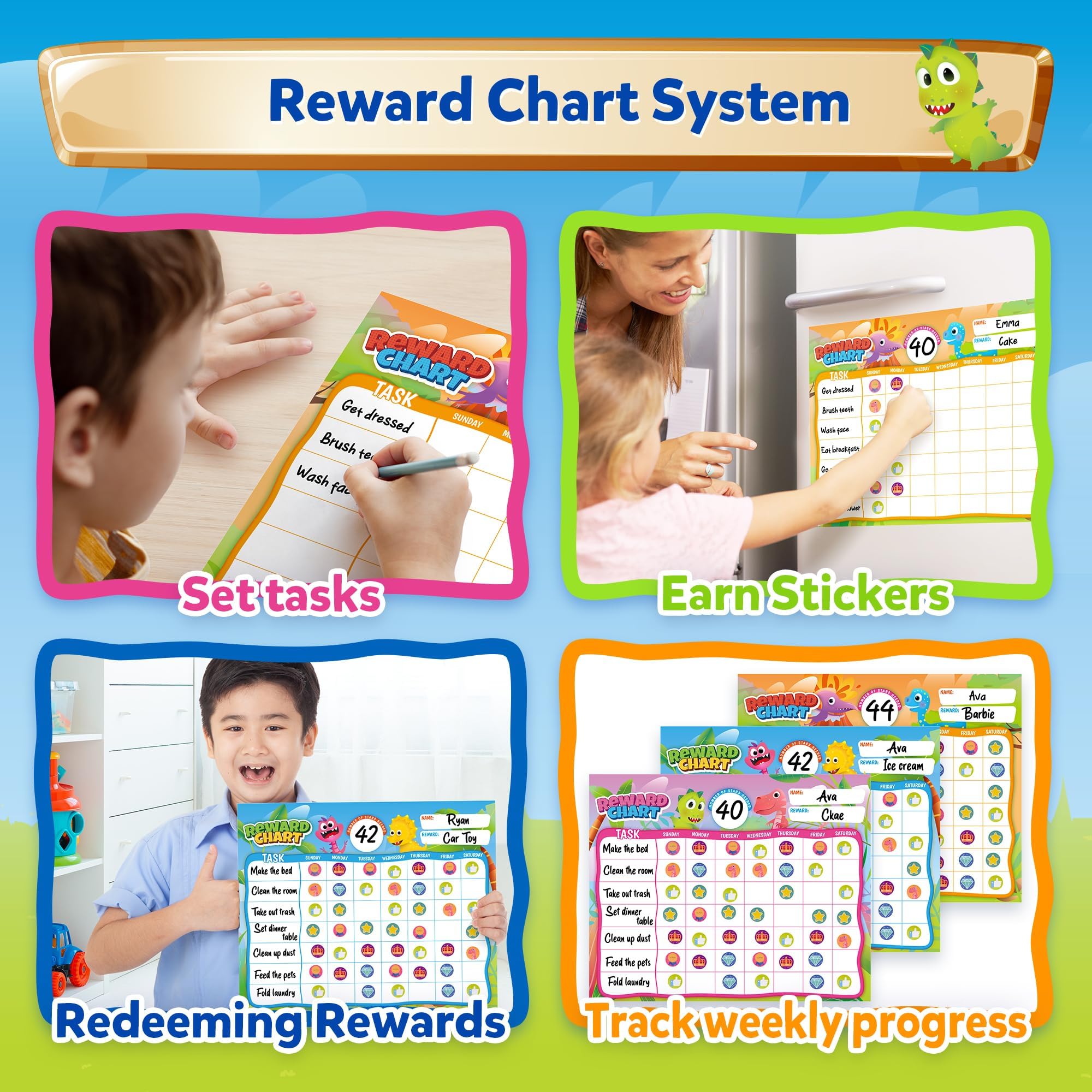 D-FantiX Behavior Reward Chart System - Pad with 27 Chore Chart for Multiple Kids, Reward Sticker Charts to Motivate Responsibility and Good Behavior, 2280 Reward Stickers & 48 Incentive Stickers