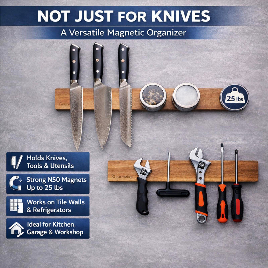Gourmetop Magnetic Knife Holder for Wall 12", Knife Magnetic Strip No Drilling, Acacia Wood Magnetic Knife Strip for Kitchen Organizer, Strong Knife Magnet&Knife Rack for Kitchen Utensil Organizer