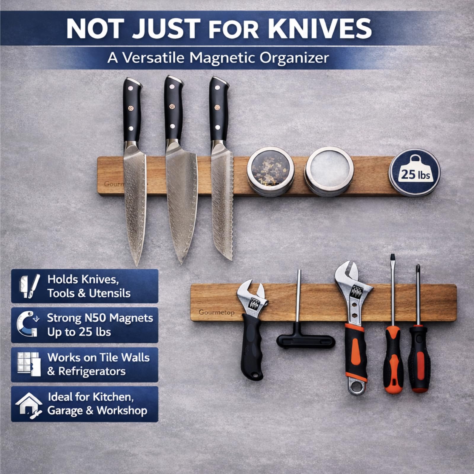 Gourmetop Magnetic Knife Holder for Wall 12", Knife Magnetic Strip No Drilling, Acacia Wood Magnetic Knife Strip for Kitchen Organizer, Strong Knife Magnet&Knife Rack for Kitchen Utensil Organizer