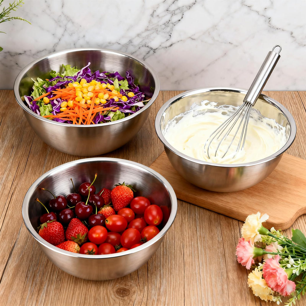 fecoqi 3-Set Stainless Steel Mixing Bowls Set Metal Bowl Set with Measurement Marks, Dishwasher Safe & Stackable - Perfect for Baking, Salad Making, Meal Prep and Kitchen Use