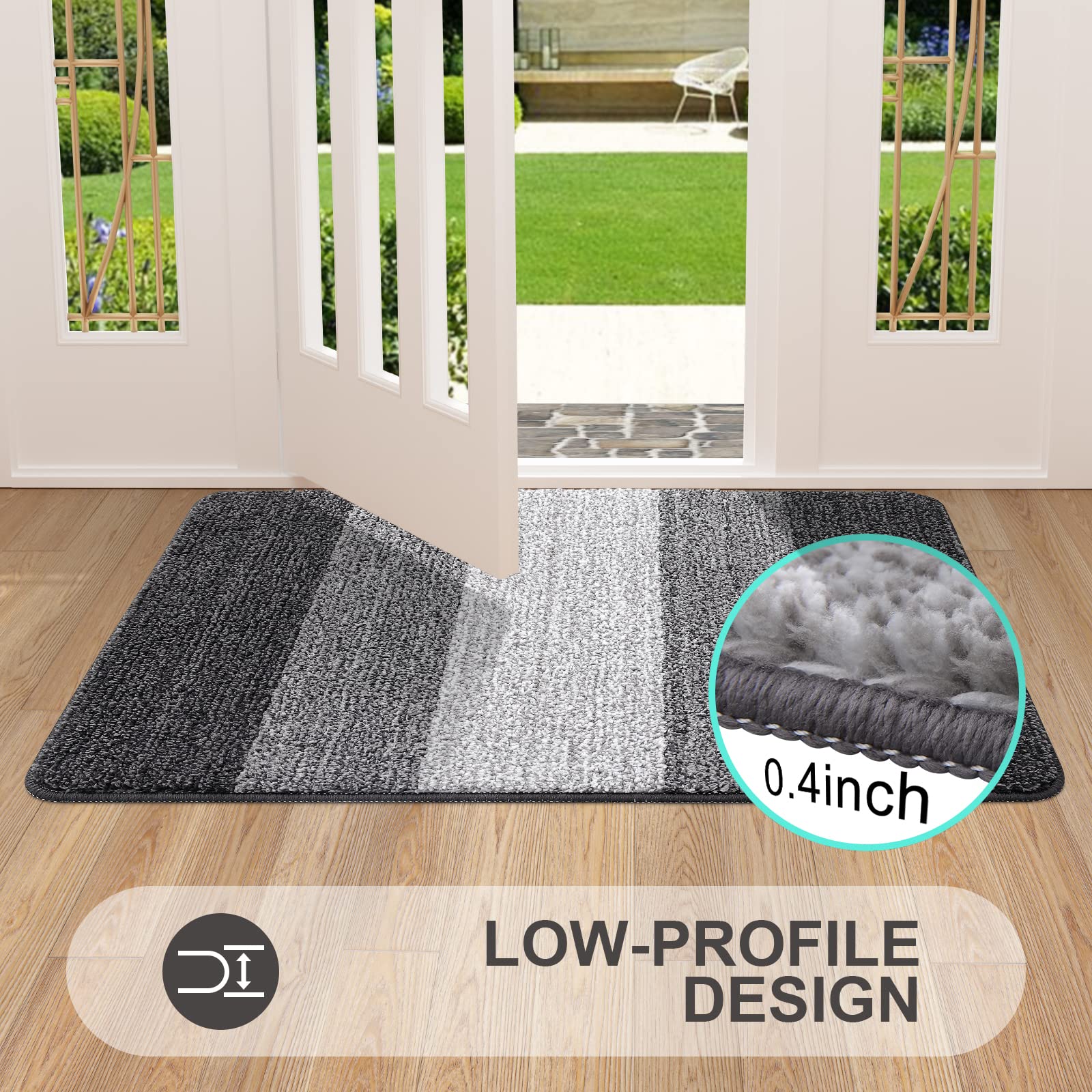 Grandaily Indoor Doormat, 20" x 32" Non-Slip Mud Trapper Absorbent Front Door Mats, Washable Striped Inside Entryway Mat, Low-Profile Welcome Mat Entrance Mat, Grey