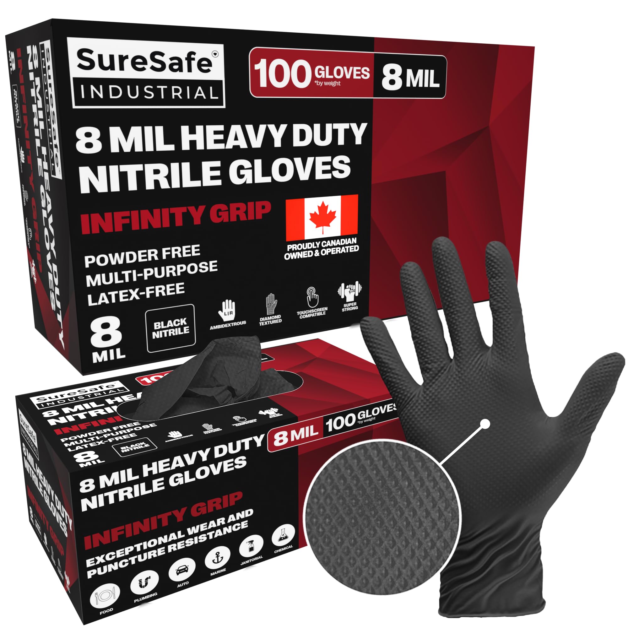 [100 Pack] SURESAFE 8 Mil Nitrile Gloves XL, Black Gloves Disposable, Powder & Latex Free, Diamond Grip, Fully Textured & Ribbed, For Work, Mechanics, BBQ, Butcher, Plumbing, Food Prep