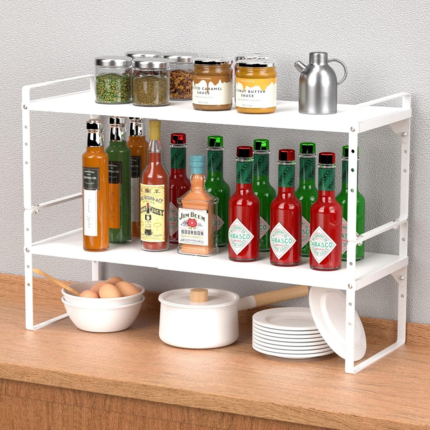 DPZM 1Pcs Expandable Cabinet Shelf,Stackable&Adjustable Cupboard Shelf,L16.5-27'' x W8'' Spice Rack,Spice Organizer, White Cabinet Shelf Organizer for Kitchen Office Bathroom