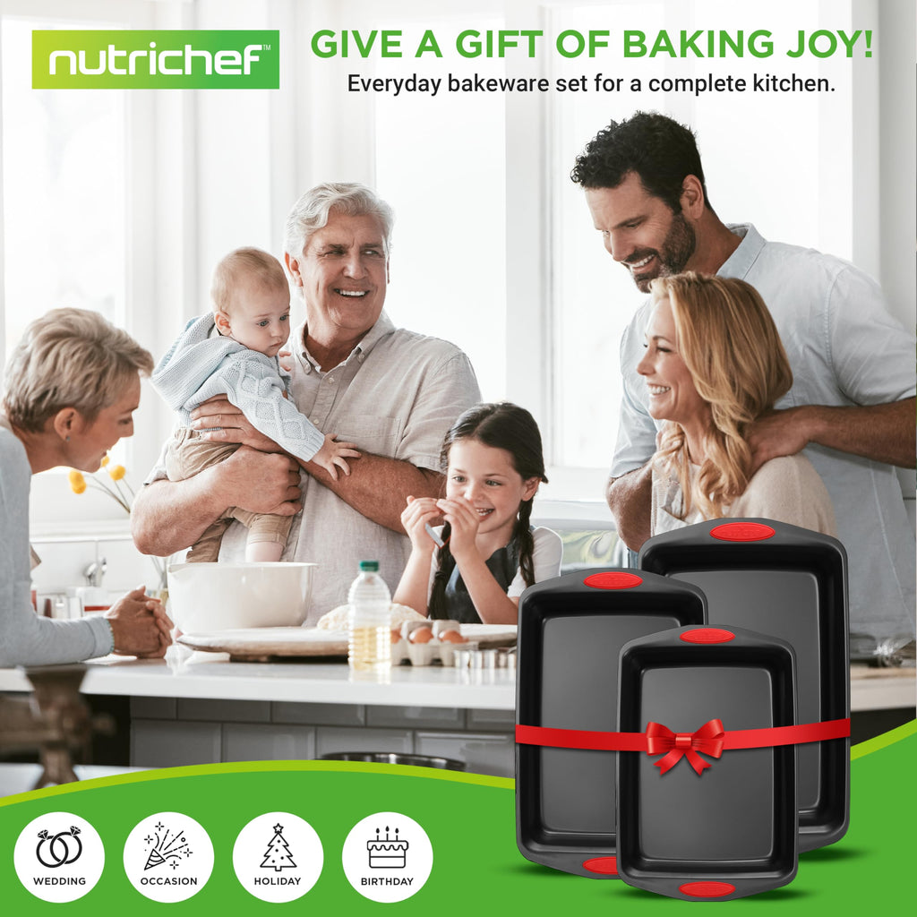 Nutrichef 3-Piece Baking Pan Set - PFOA, PFOS, PTFE Free Nonstick Black Coating Carbon Steel Bakeware - Professional Home Kitchen Bake Cookie Sheet Stackable Tray w/Red Silicone Handles