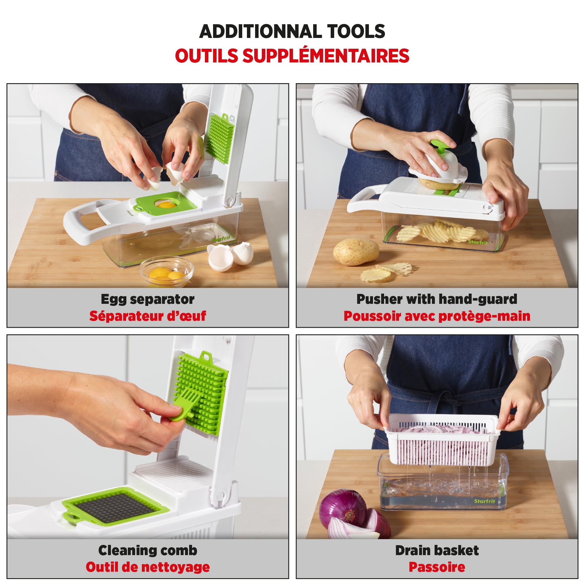 Starfrit Veggie Chopper Dicer Grater Slicer – 15-PC - 7 Interchangeable Blades - 9 Functions - Onion Chopper, Potato Slicer, Carrot Grater, Ginger Grater - Draining Basket and Container