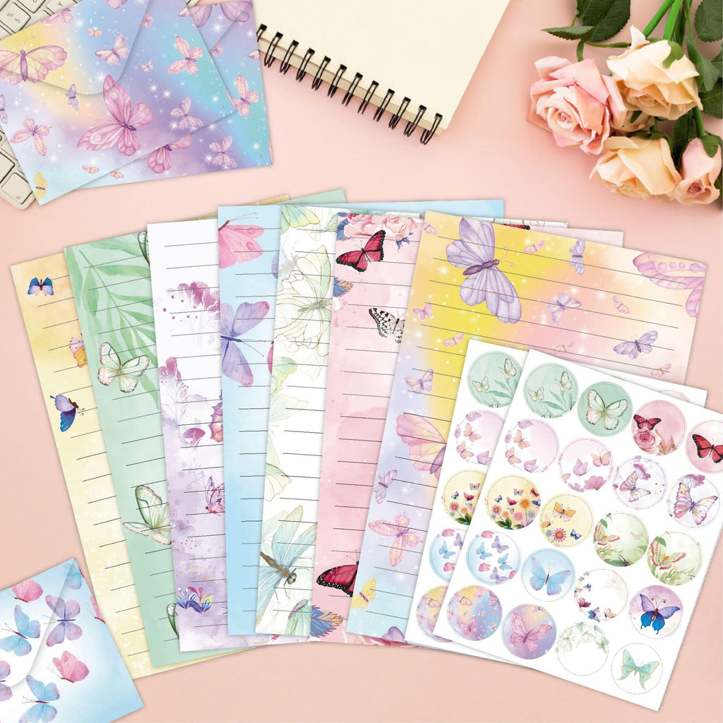 160 Pcs Watercolor Stationery Paper and Envelopes Set, 50 Pcs Butterfly Letter Writing Paper 50 Pcs Matching Envelopes Flower Lined Stationary Paper for Party Girls Office School Supplies