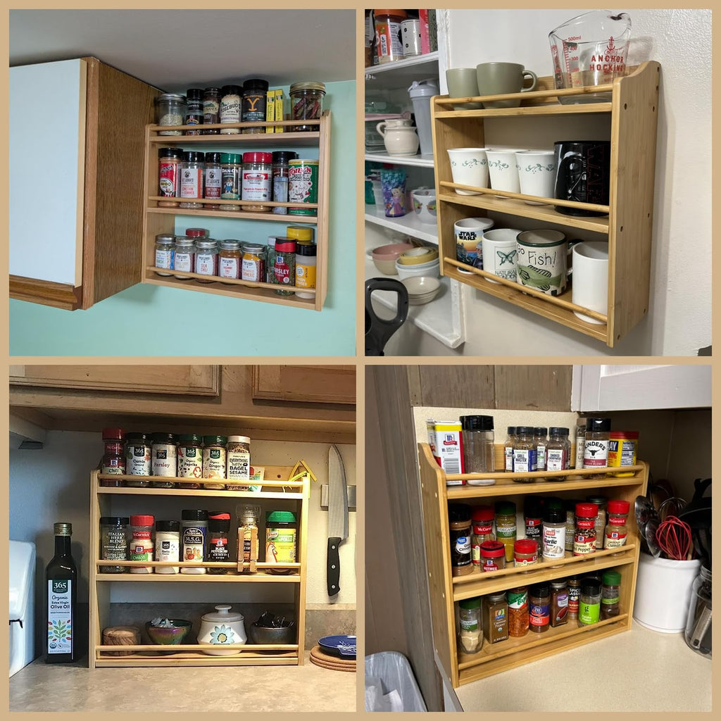 FoverOne 3-Tier Bamboo Spice Rack, 15.74" L x 5.11" W x 16.53" H, Wood Spice Jars Holder, Seasoning Rack Spice Bottle Shelf Organizer for Kitchen Countertop or Wall Mounting