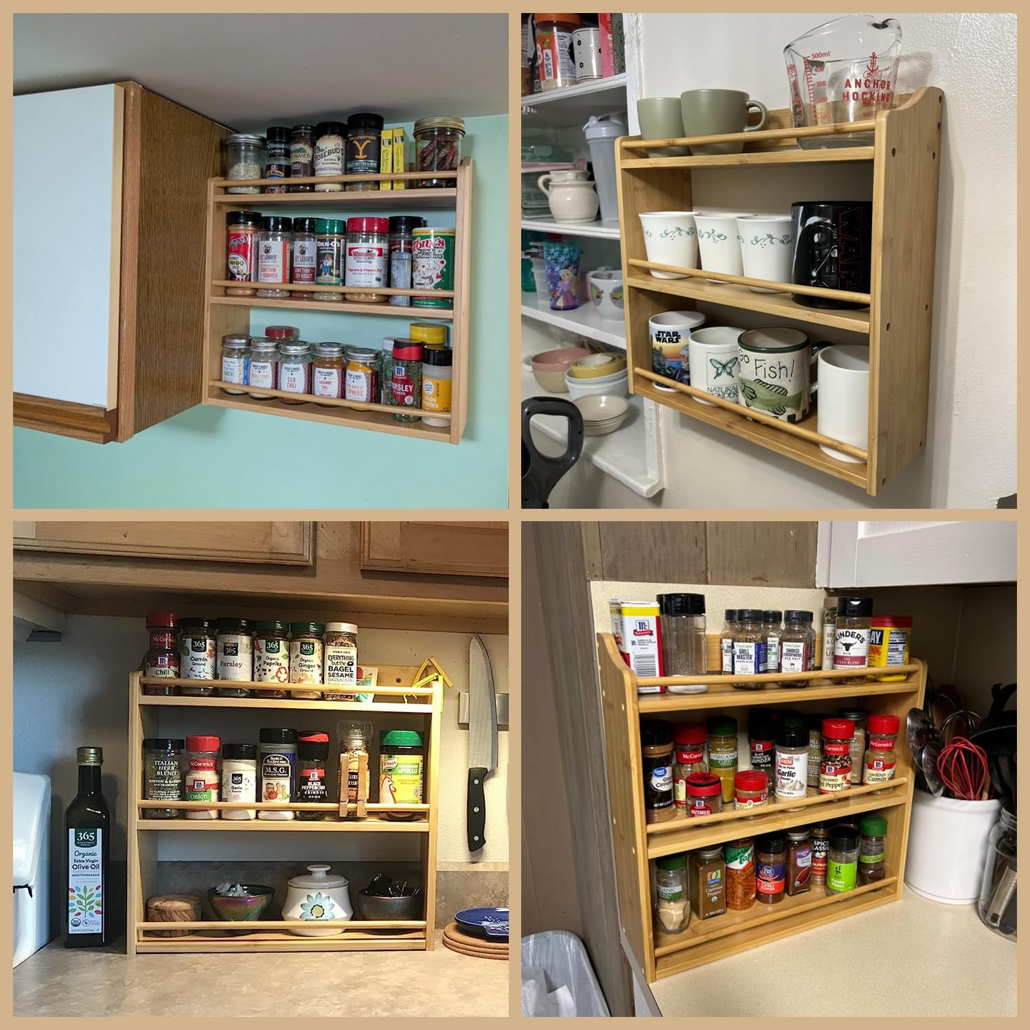 FoverOne 3-Tier Bamboo Spice Rack, 15.74" L x 5.11" W x 16.53" H, Wood Spice Jars Holder, Seasoning Rack Spice Bottle Shelf Organizer for Kitchen Countertop or Wall Mounting