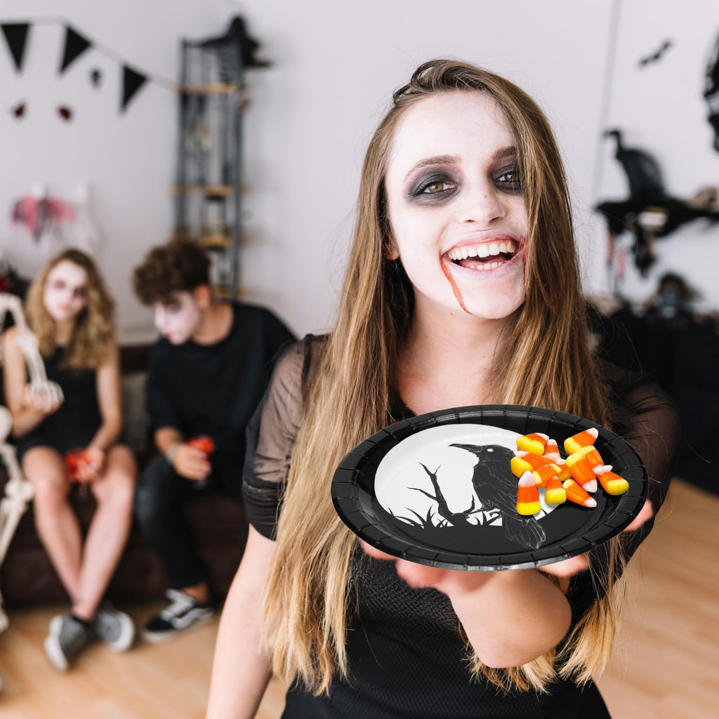 Cheerland Gothic Crow Paper Plates for Halloween Party Plates Birthday Gothic Christmas Dark Black Raven Disposable Party Supplies and Decorations 7 inch Dessert Plate Summerween Tableware Pack of 24