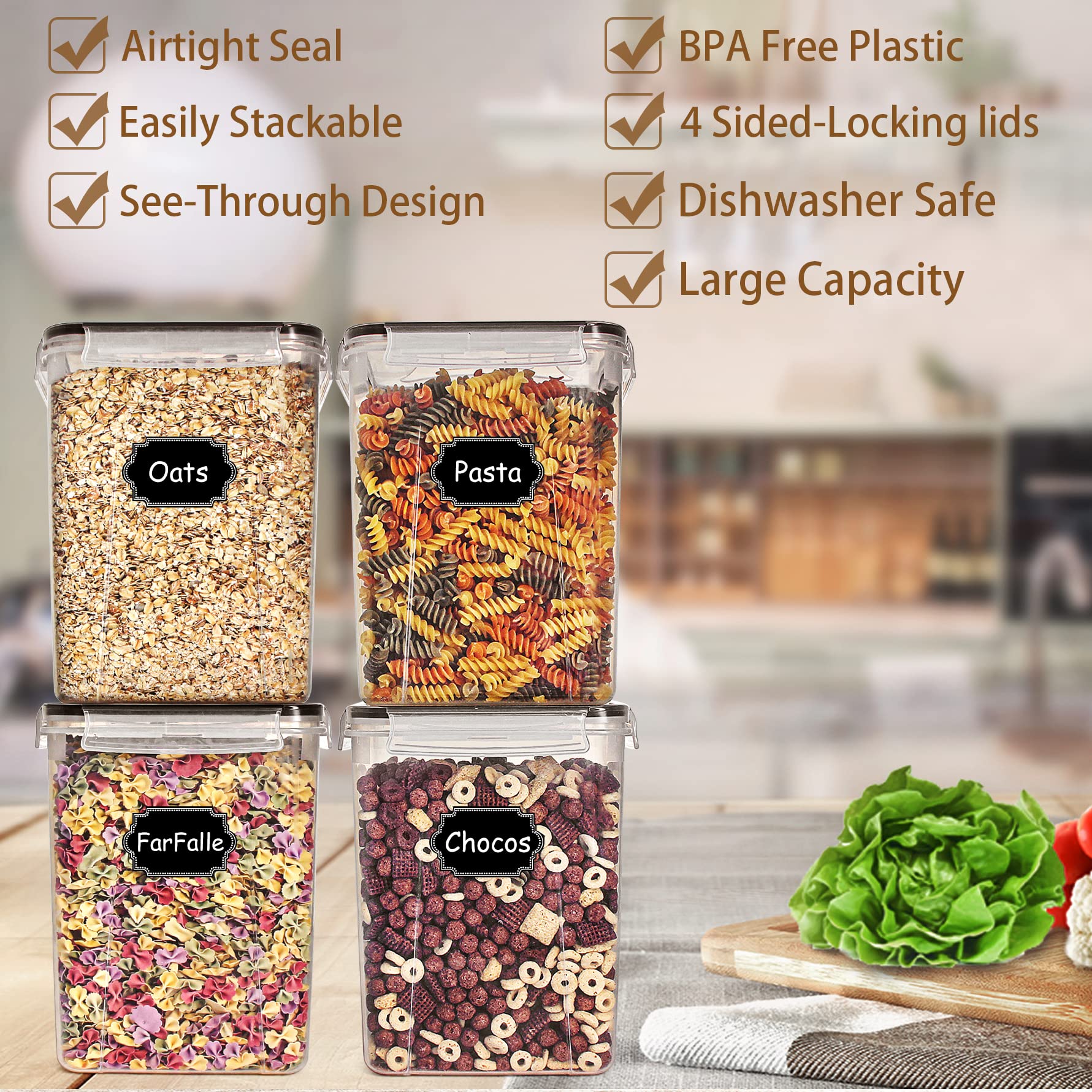 Large Food Storage Containers 5.2L/175oz, Wildone 4 Piece BPA Free Plastic Airtight Food Storage Containers for Flour, Sugar, Baking Supplies, Kitchen & Pantry Containers with 20 Labels