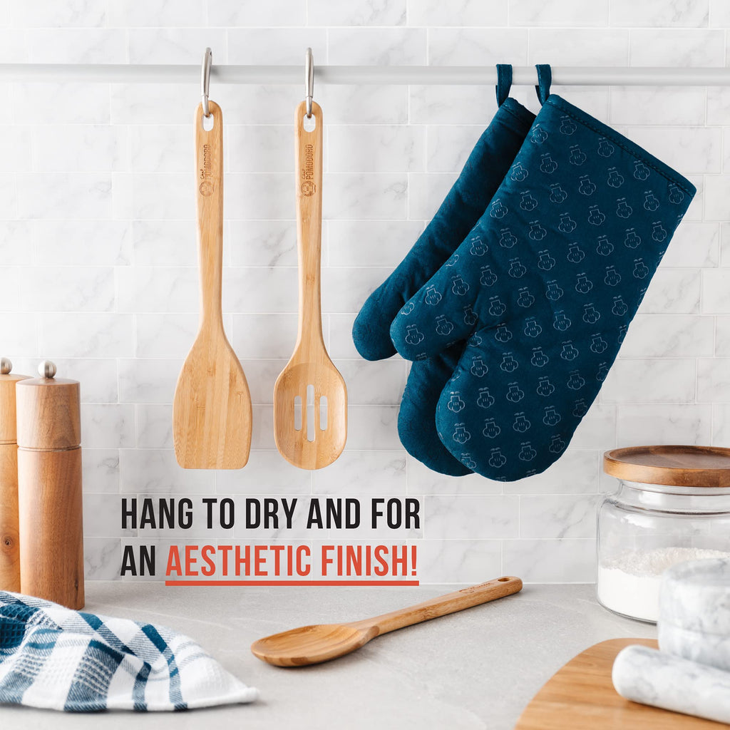 Chef Pomodoro Wooden Cooking Utensils Set 3-Piece, Bamboo | Large 12.5-Inch Wooden Spoons for Cooking, Spatula, Slotted Spoon | Pan Kitchen Frying Set