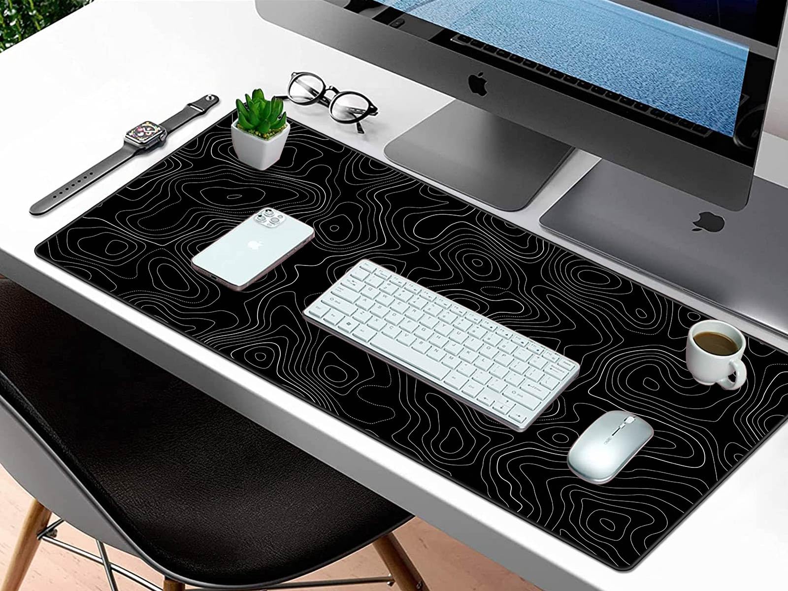 Rinaze Large Mouse Pad Desk Mat with Black Topographic, Anti-Slip Keyboard Pad with Multifunctional, Comfortable Gaming Mousepad, Office Desk Accessories for Computer, Home and Gaming
