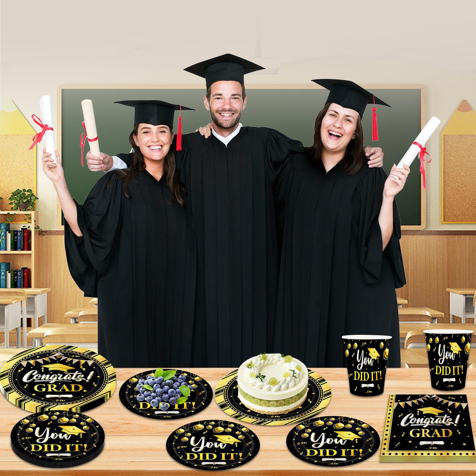 QYCX 96 Pcs Graduation Party Decorations Graduation Party Supplies Graduation Plates Napkins Cups Graduation Tableware Graduation Dinnerware Congratulation Grad Dinnerware 2025 Graduation Decorations