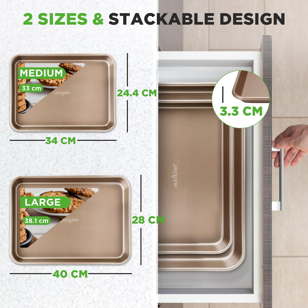 NutriChef Cookie Sheets - 2pc Nonstick Carbon Steel Baking Pan Set, PFOA, PFOS, PTFE Free Coating, Quarter and Jelly Roll Oven Trays, Great for Cookies, Roasting and More