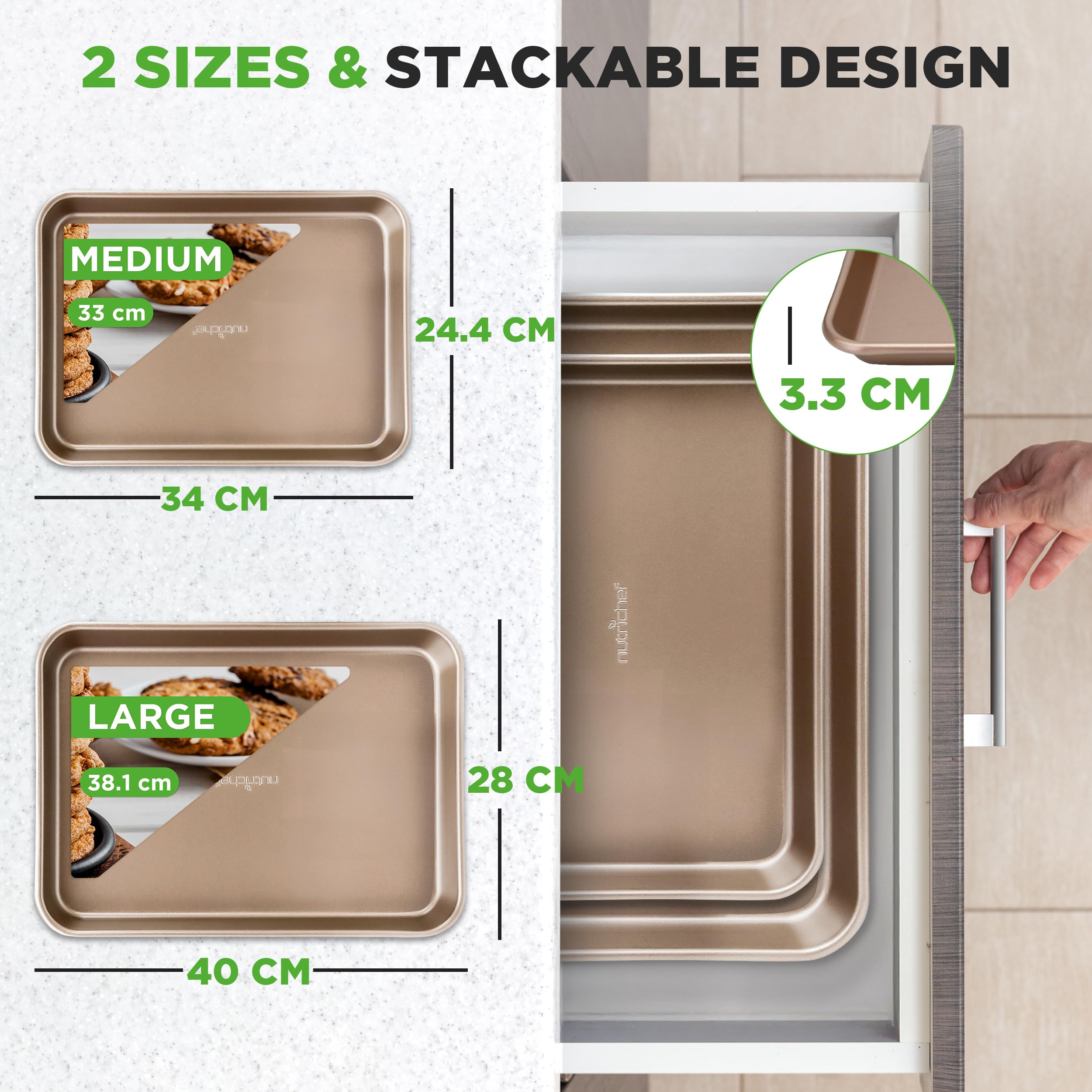 NutriChef Cookie Sheets - 2pc Nonstick Carbon Steel Baking Pan Set, PFOA, PFOS, PTFE Free Coating, Quarter and Jelly Roll Oven Trays, Great for Cookies, Roasting and More