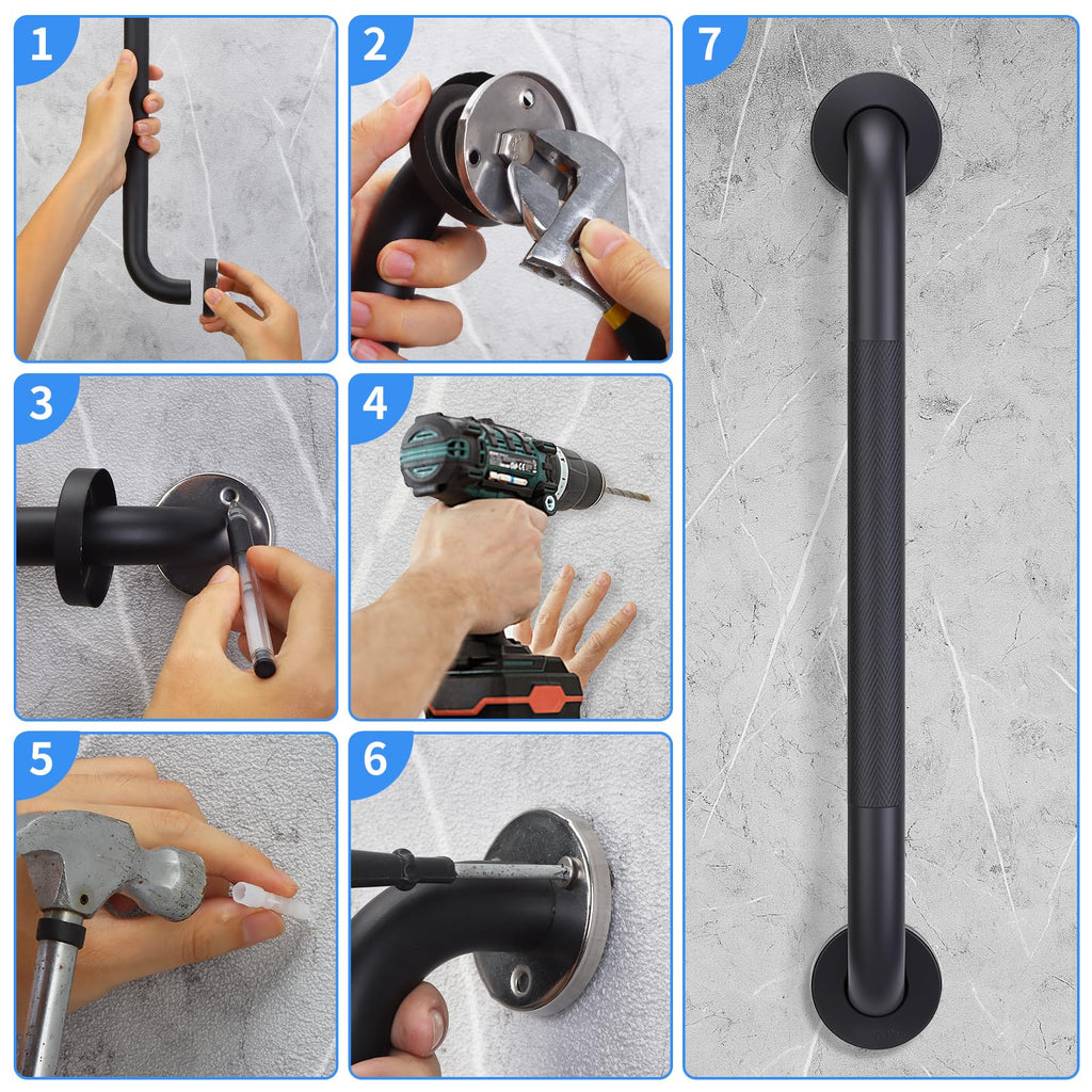 2 Pack 16 Inch Shower Grab Bars for Seniors Bathroom, Black Stainless Steel Safety Support Handles for Shower, Anti Slip Grab Bar for Bathroom, Handicap Elderly Injury Pregnant Assist Bath Handle