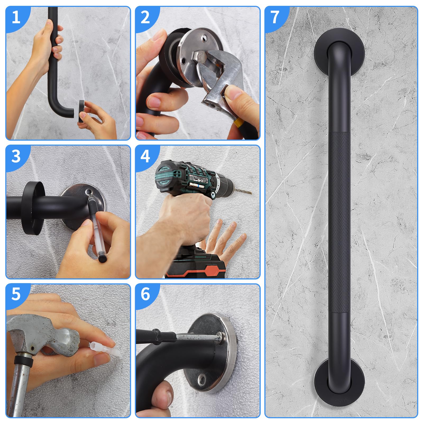 2 Pack 16 Inch Shower Grab Bars for Seniors Bathroom, Black Stainless Steel Safety Support Handles for Shower, Anti Slip Grab Bar for Bathroom, Handicap Elderly Injury Pregnant Assist Bath Handle