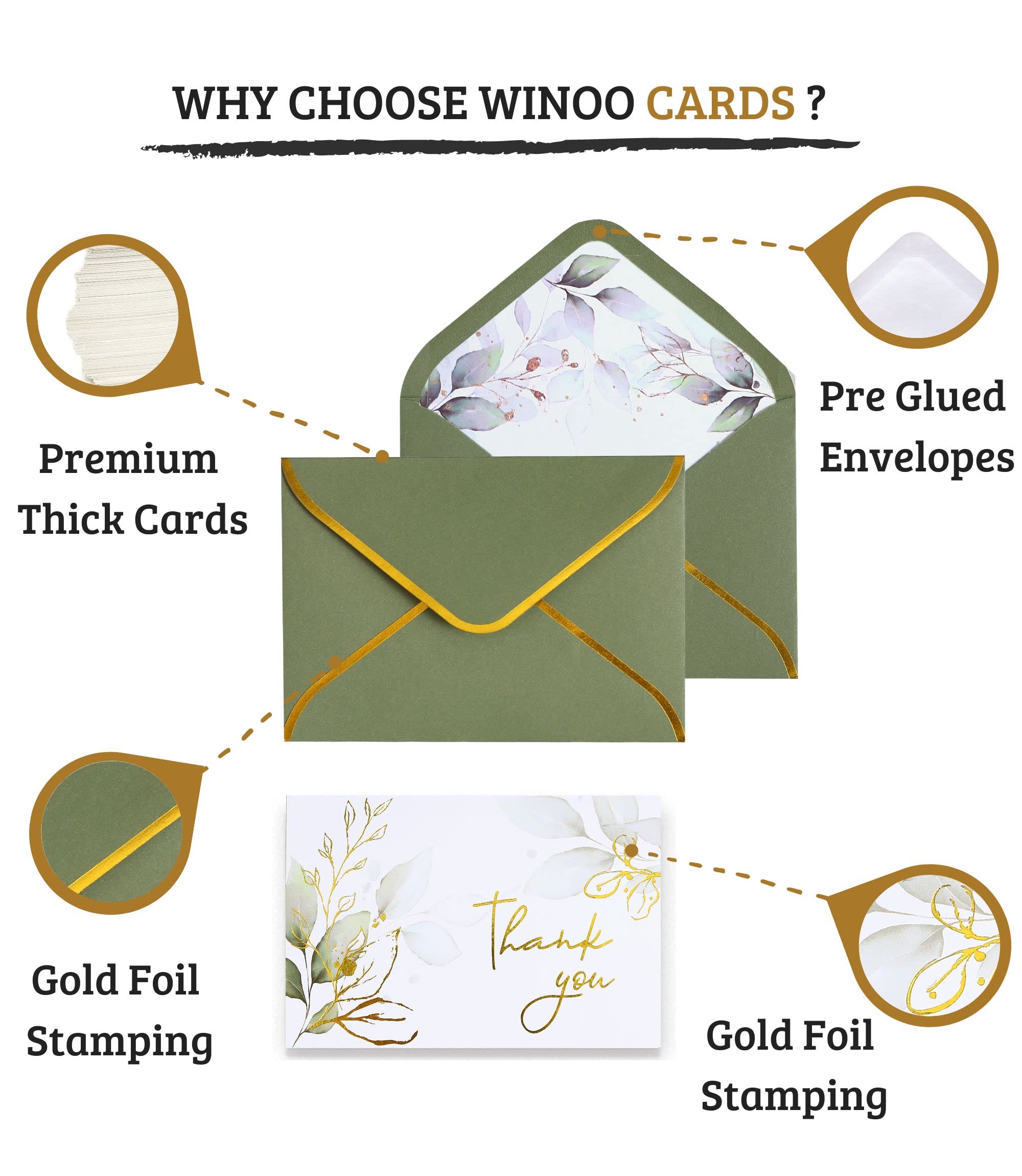 Winoo Design 100 PK Luxurious Gold Thank You Cards with Envelopes Bulk Sage Green - 5x3.5 Inches Wedding Thank You Notes Baby Shower Greenery Bridal Shower Small Business