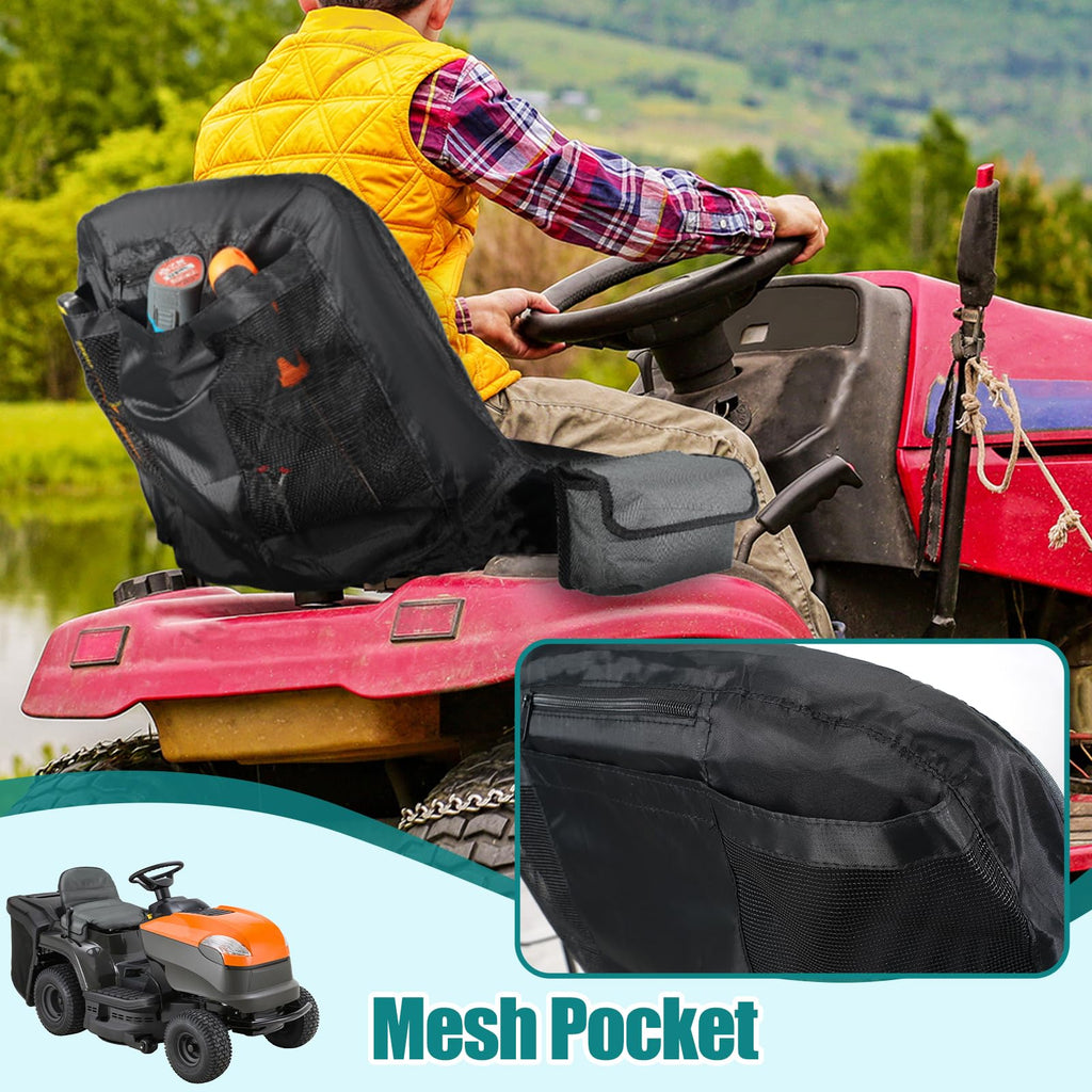 Lawn Tractor Seat Cover with Two Side Pockets, Waterproof 600D Oxford Riding Mower Seat Covers, Fits for 12.2-14.2inches Back High Seat