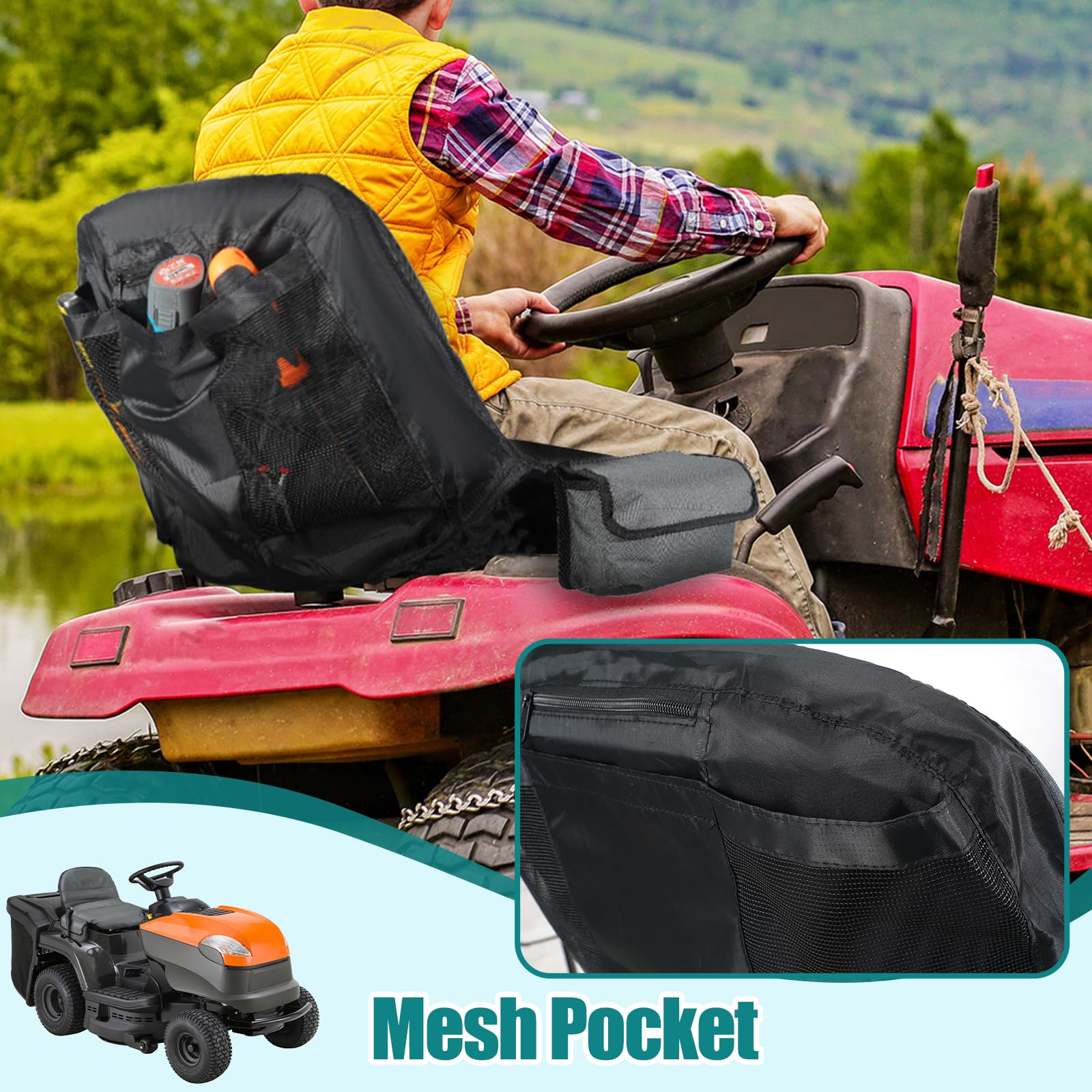 Lawn Tractor Seat Cover with Two Side Pockets, Waterproof 600D Oxford Riding Mower Seat Covers, Fits for 12.2-14.2inches Back High Seat