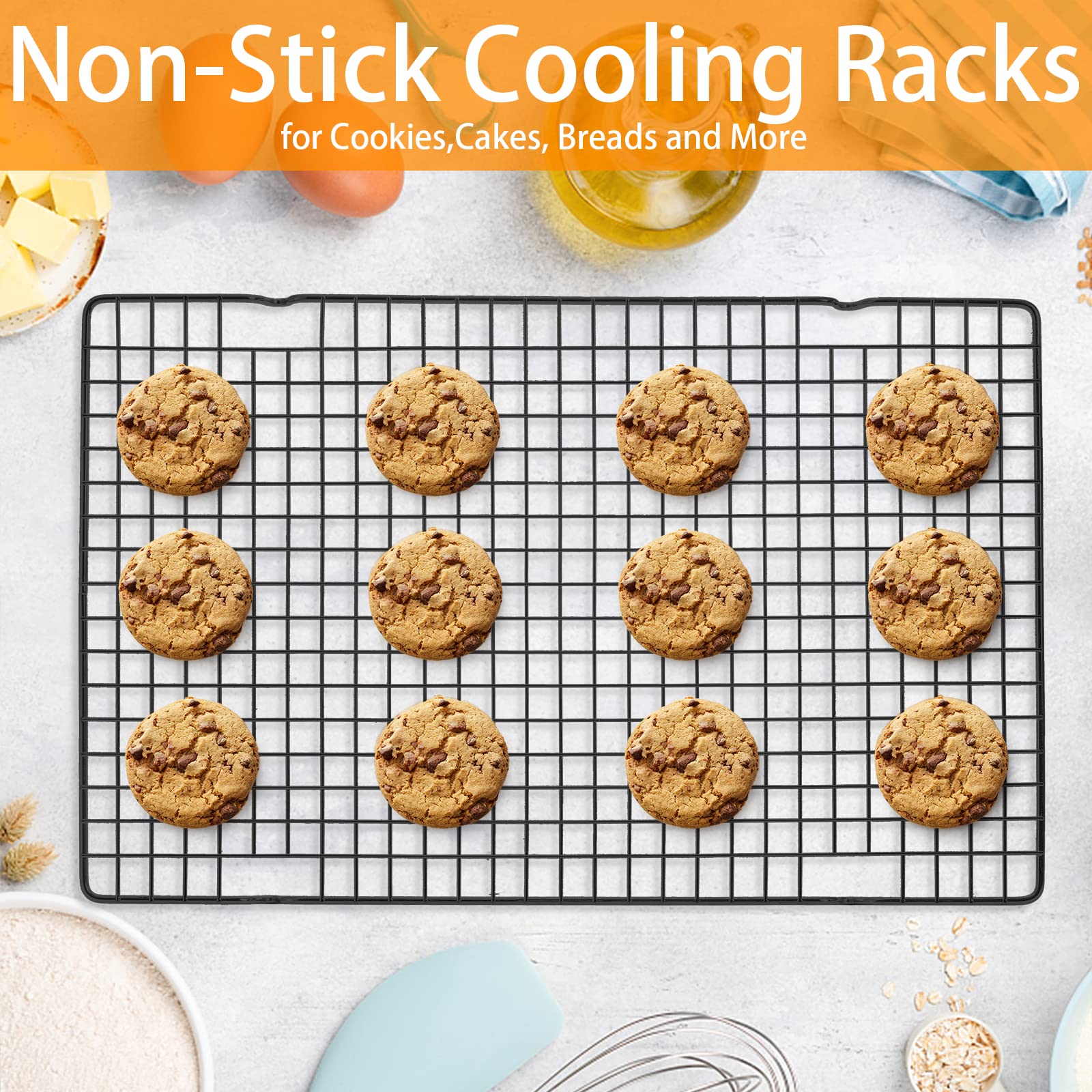 Tebery 4 Pack Black Heavy-Duty Wire Cooking Rack Baking Racks, Nonstick Baking & Cooling Grid for Roasting, Cooking, Grilling, Drying - 16" x 10"