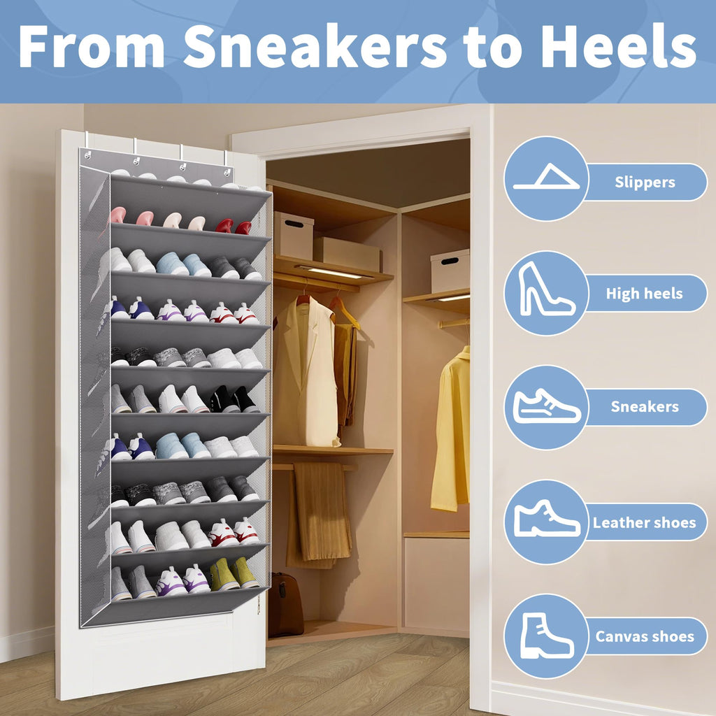 TAHAVICE 10-Tier Large Size Over The Door Shoe Organizer, Holds 30 PairsHanging Shoe Rack with Deep Pockets for Closet, Space-Saving Storage for Sneakers, Boots (Grey)