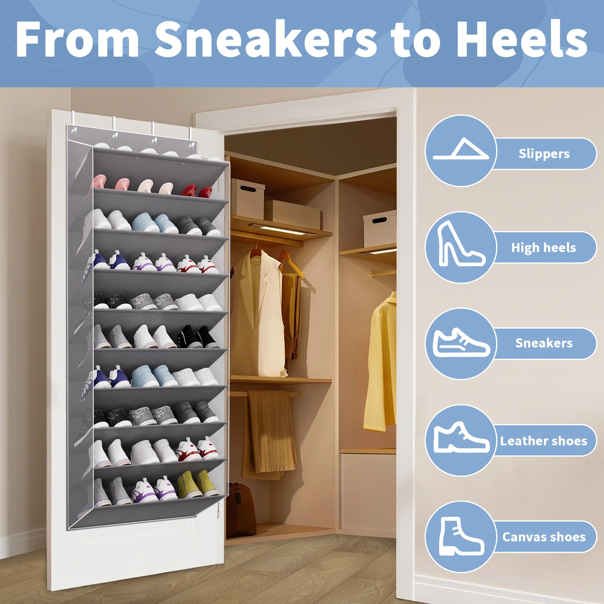 TAHAVICE 10-Tier Large Size Over The Door Shoe Organizer, Holds 30 PairsHanging Shoe Rack with Deep Pockets for Closet, Space-Saving Storage for Sneakers, Boots (Grey)