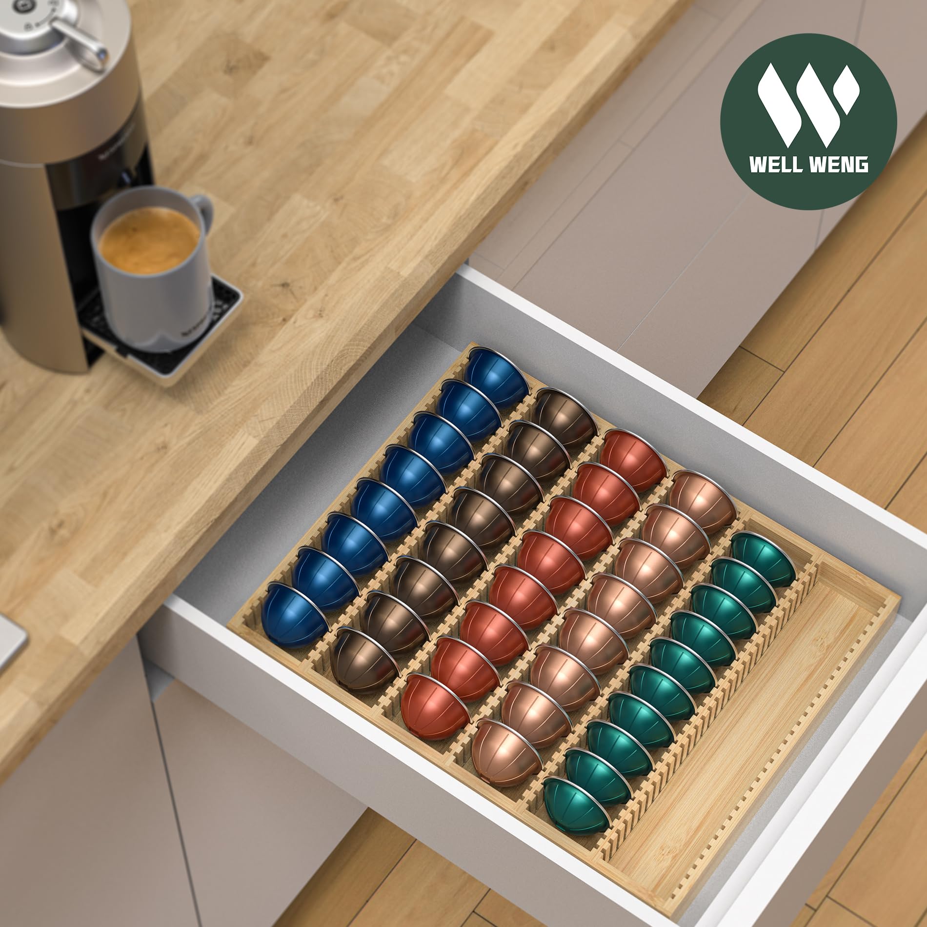 WELL WENG for Nespresso Vertuo Capsules - Premium Bamboo Coffee Pod Drawer Insert Organizer for Counter (48 Big or 60 Small Pods)