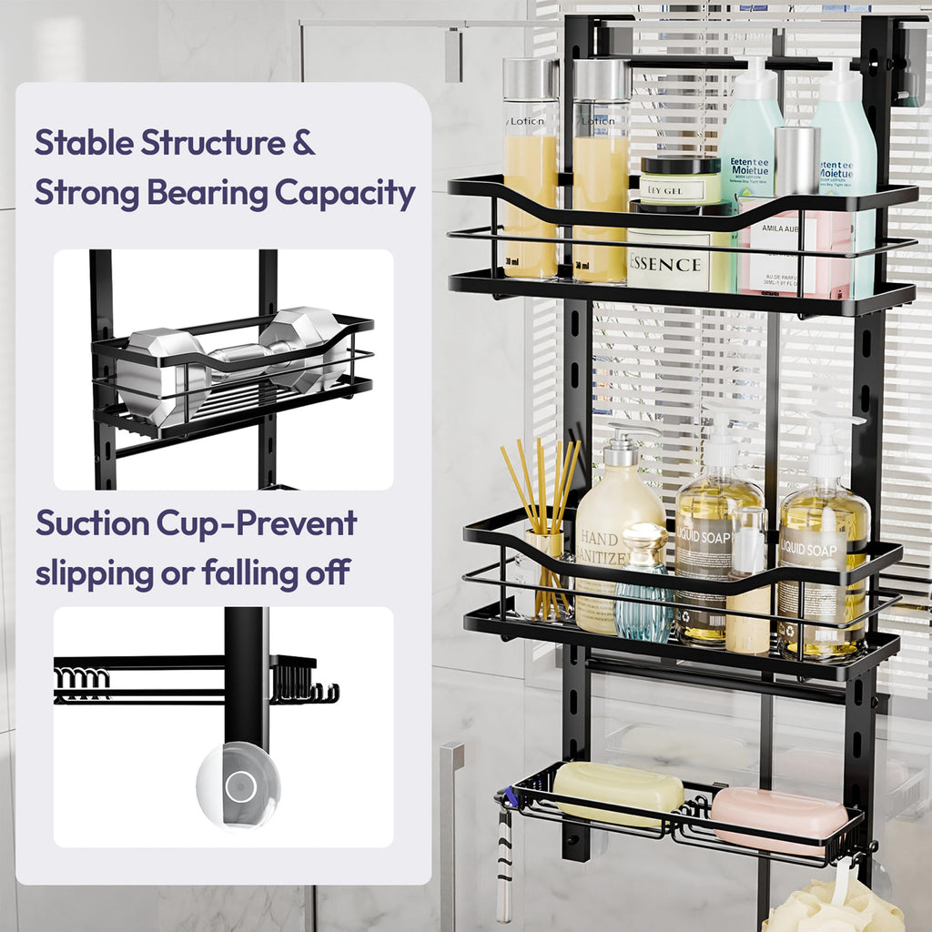 SWTYMIKI Shower Caddy Hanging Adjustable - 3 Tier No Drill Over the Door Hanging Shower Organizer Shelf with Hooks and Soap Holder, Bathroom Organizer Rust Resistant for Shampoo Razor, Black
