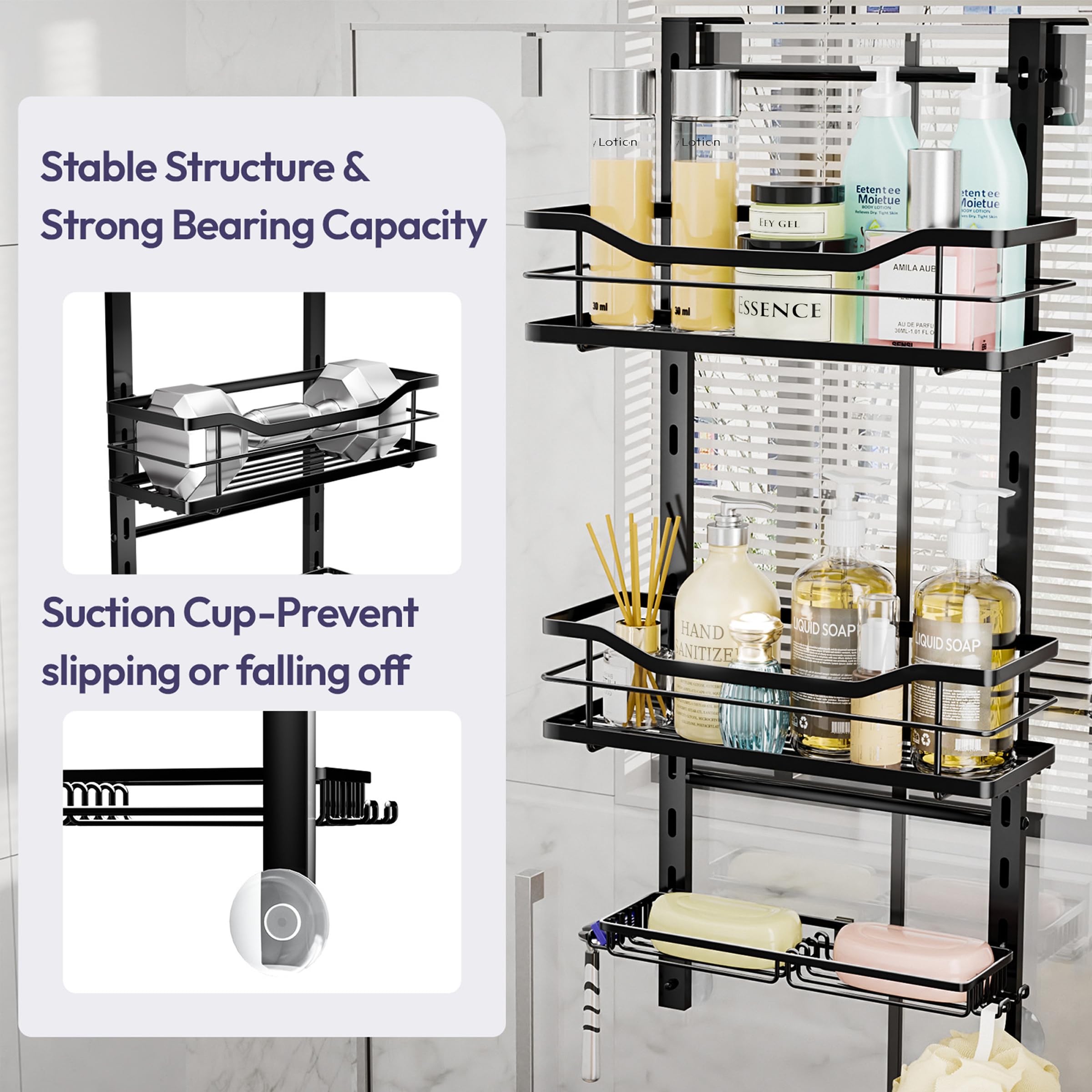 SWTYMIKI Shower Caddy Hanging Adjustable - 3 Tier No Drill Over the Door Hanging Shower Organizer Shelf with Hooks and Soap Holder, Bathroom Organizer Rust Resistant for Shampoo Razor, Black