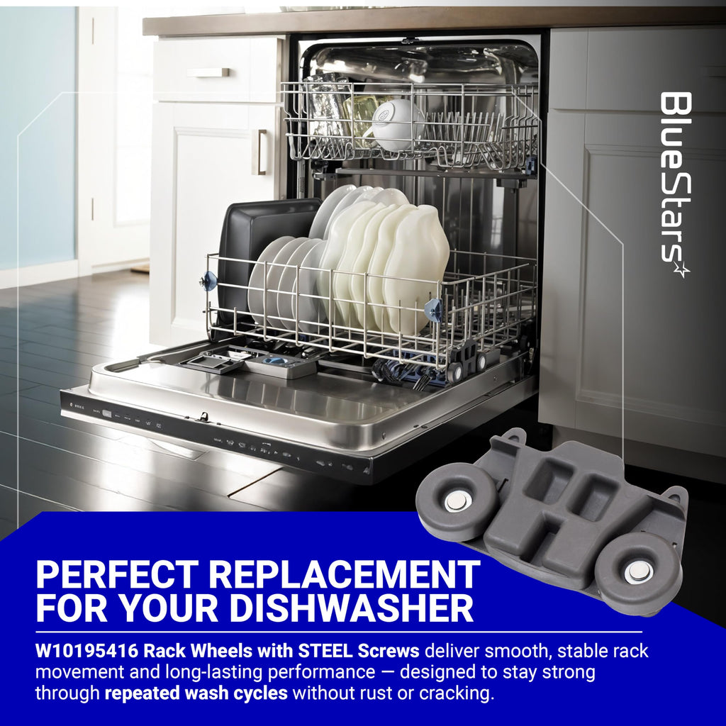 [UPGRADED] Ultra Durable W10195416 Lower Dishwasher Wheel Replacement by Blue Stars - Exact Fit for Whirlpool Kenmore Dishwasher- PACK OF 4 - Enhanced Durability with Steel Screws