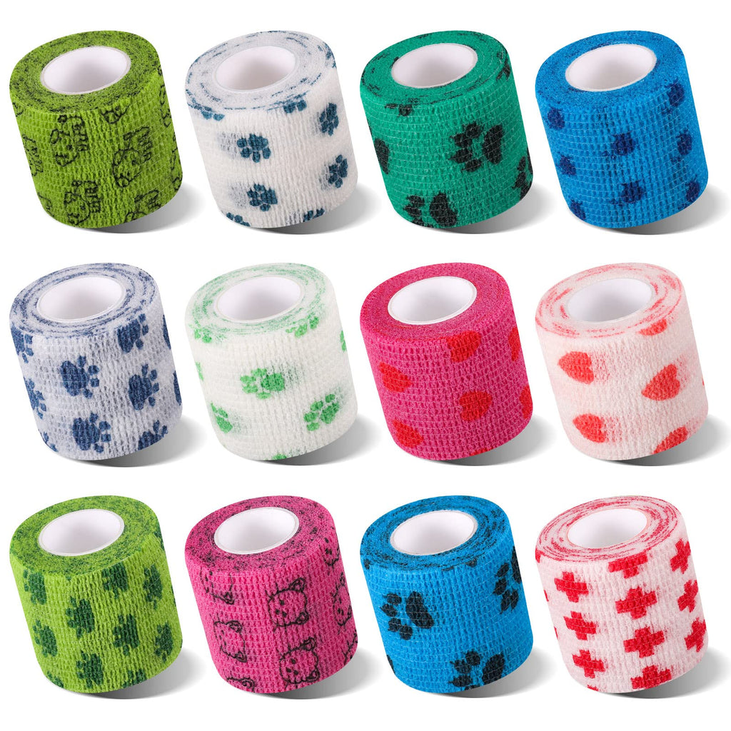 FANKUTOYS 12 Rolls Pet Self Adhesive Bandage, Pet Vet Wrap Tape Elastic Bandages 2" x 5 yd Non-Woven Cohesive Gauze Rolls for Dog Cat Animals Sport Wrist Healing Ankle Sprain & Swelling