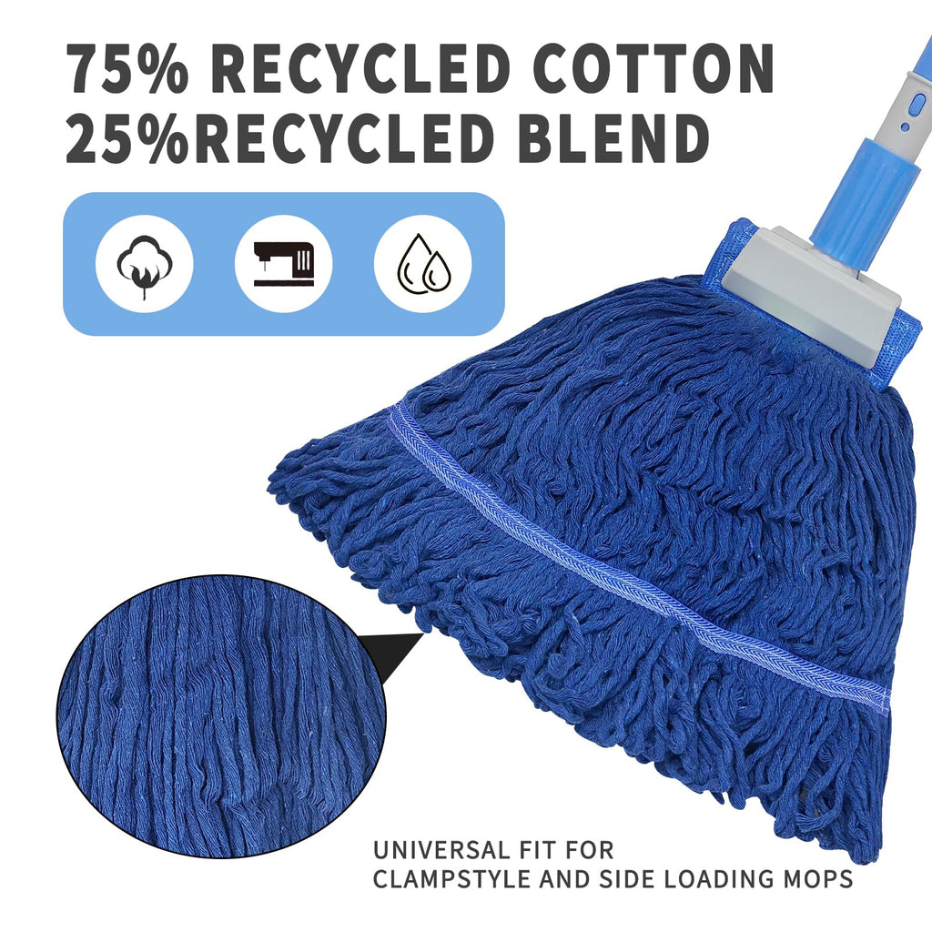 KLHB-YF Blue Heavy-Duty Cotton Mop Set - 59-Inch Durable Handle + 2 Reusable Cotton Mop Heads, Multi-Surface Cleaning for Home, Garage, Office, Workshop & Warehouse Floors