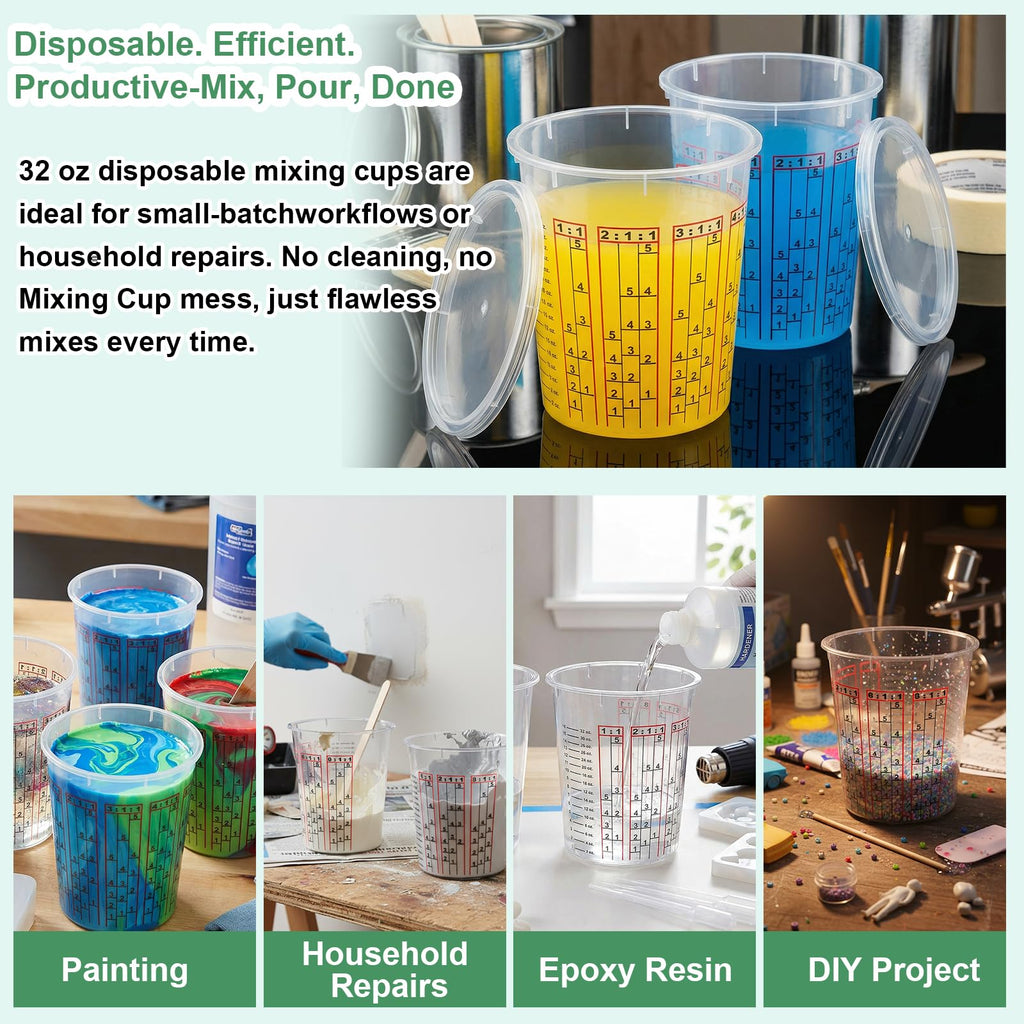 Yesland 30 Pack Paint Mix Cups with Lids, 32 Ounce Plastic Paint and Epoxy Mixing Cups with Calibrated Mixing Ratios on Side of Cup