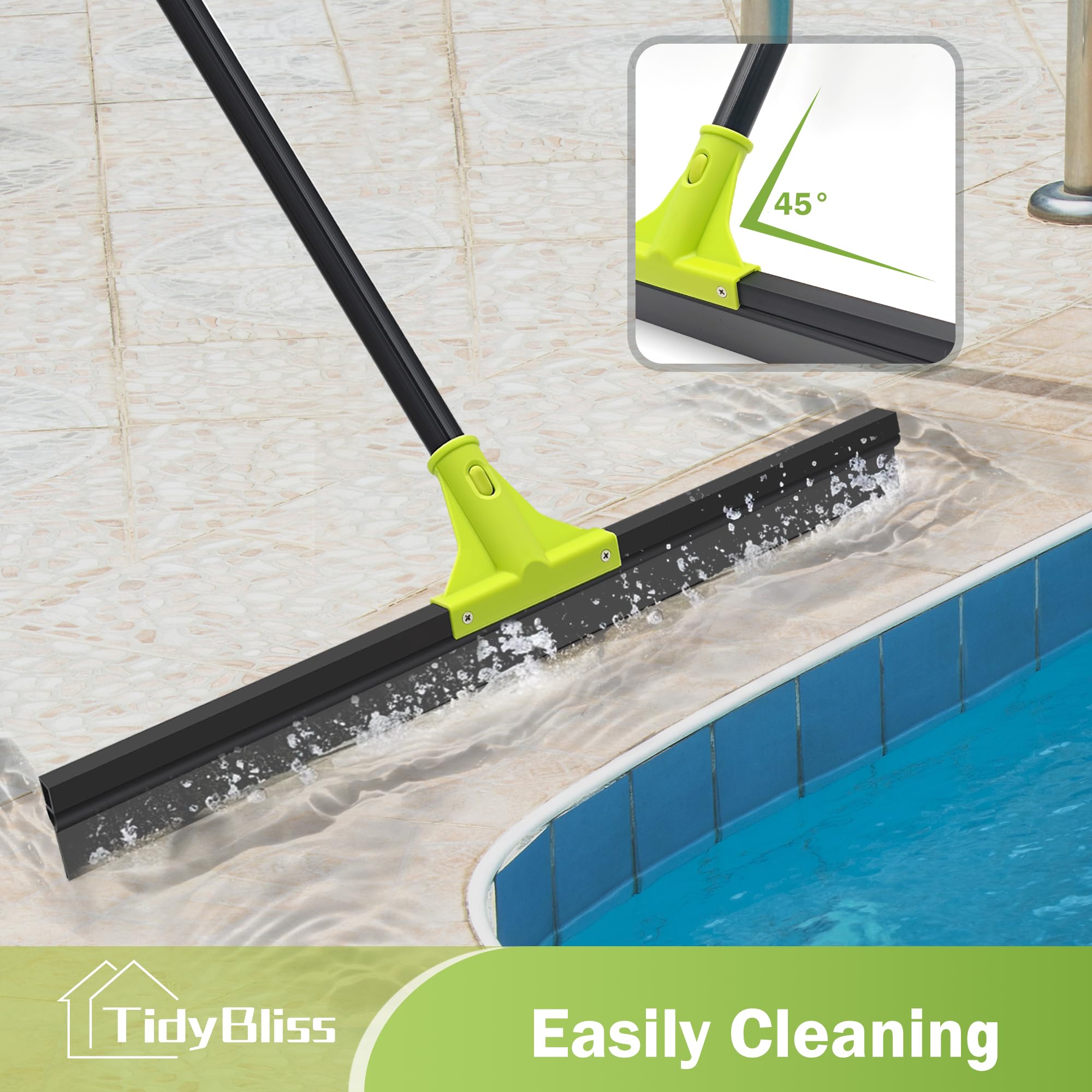 TidyBliss Floor Squeegee Broom, 24 inches Large Heavy Duty Rubber Foam Water Scraper, Epoxy Wiper Mop with 62 inches Long Handle for Cleaning Concrete Pool Rug Garage Deck Shower Window Outdoor Green