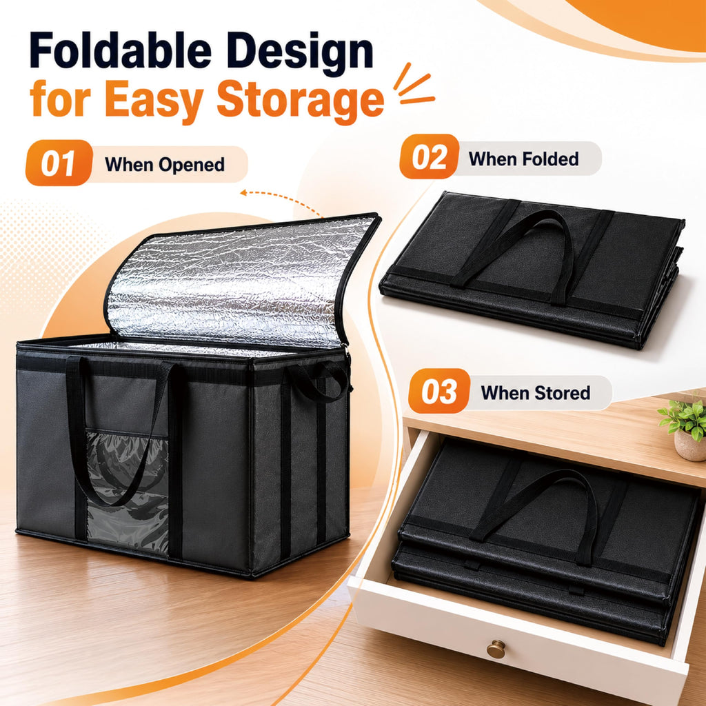 NZ Home Insulated Food Delivery Bag (3XL) Grocery Cooler Bag, Thermal Pizza Delivery & Catering Tote, Heavy Duty & Foldable Food Carrier (Black)