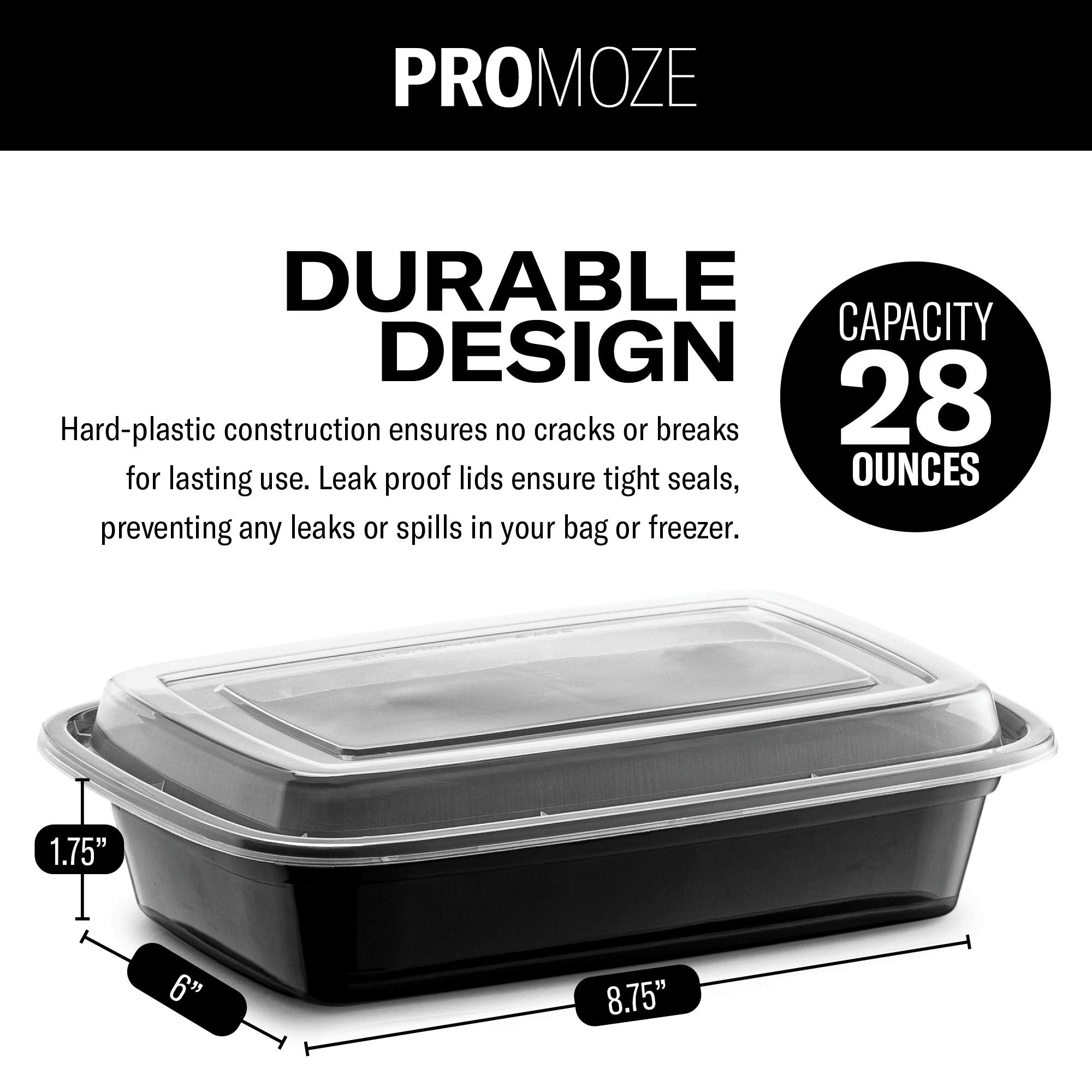 50-Pack Meal Prep Plastic Microwavable Food Containers for Meal Prepping with Lids 28 oz. 1 Compartment Black Rectangular Reusable Storage Lunch Boxes -BPA-Free Food Grade -Freezer & Dishwasher Safe