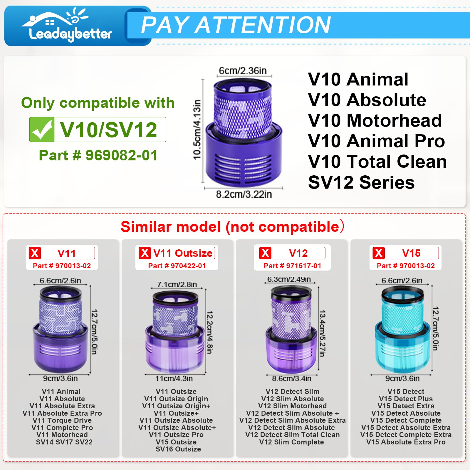Leadaybetter Vacuum Filter Replacement for Dyson V10 Cyclone Animal Absolute Motorhead Total Clean, SV12, Replaces Part No. 969082-01 (2 Pack Filters and 1 Clean Brush)